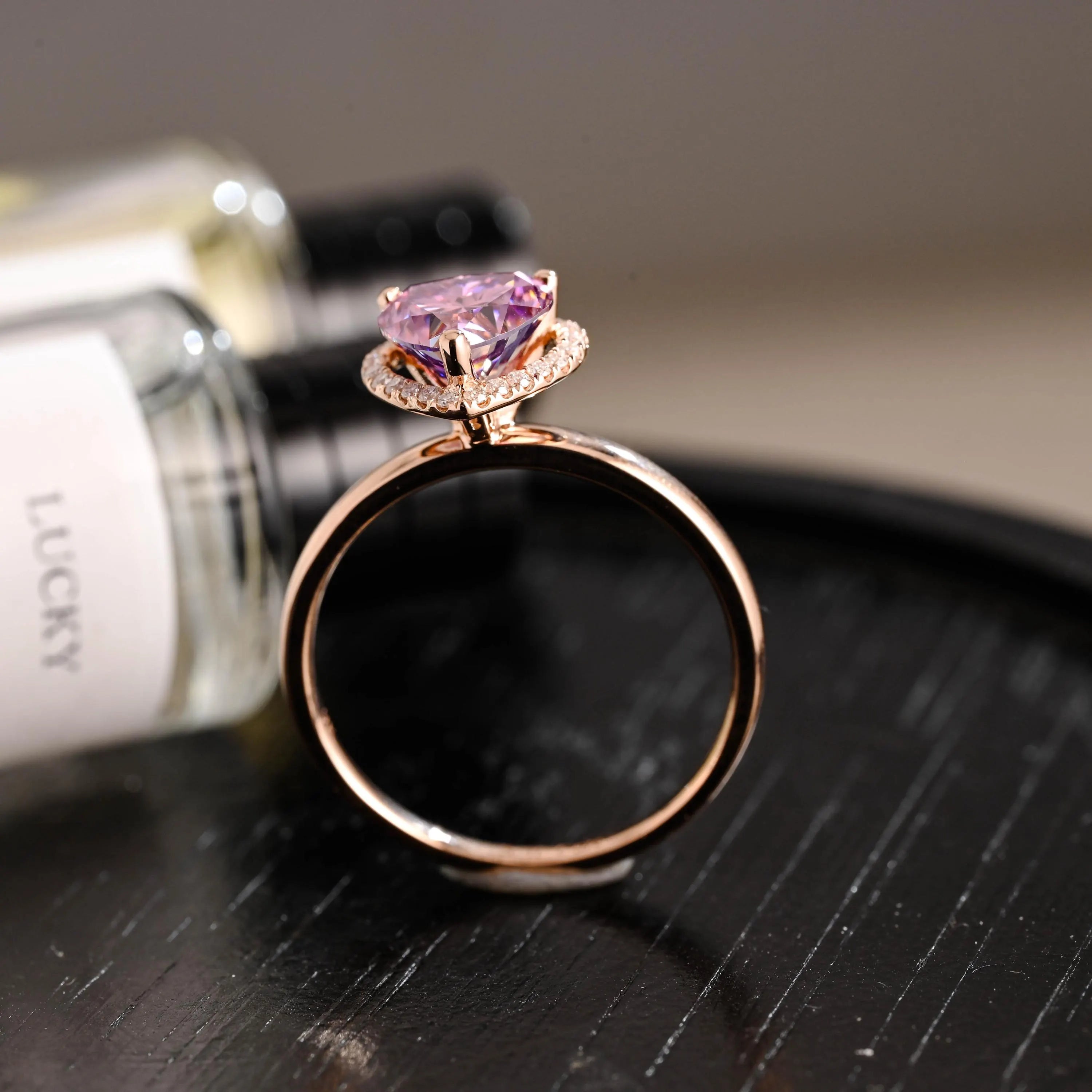 Heart Cut Pink Moissanite Engagement Ring, Unique Halo Heart Cut Wedding Ring