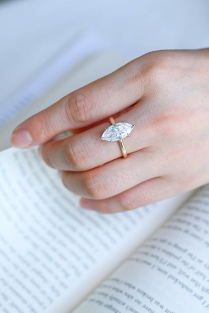Two Tone Tulip Setting Marquise Moissanite Ring, Solid Gold Engagement Ring