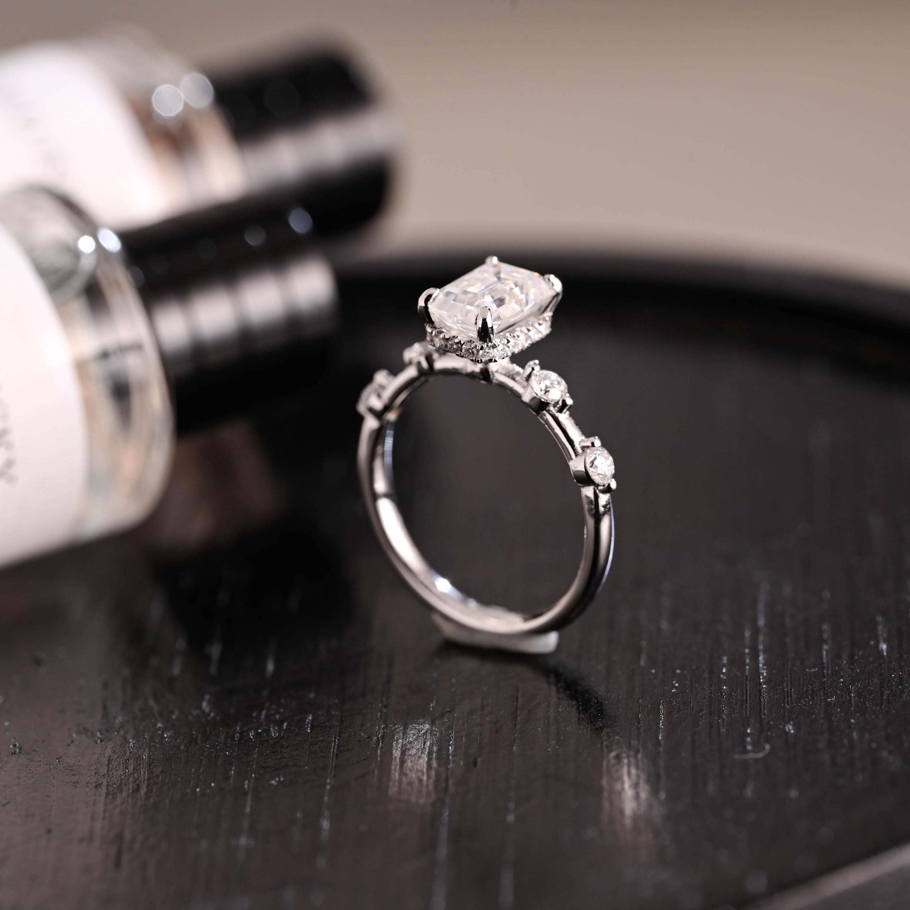 Solid Gold Hidden Halo Emerald Cut Moissanite Engagement Ring, Proposal Ring, Promise Ring, Wedding Ring, Anniversary Gift for Women Wife