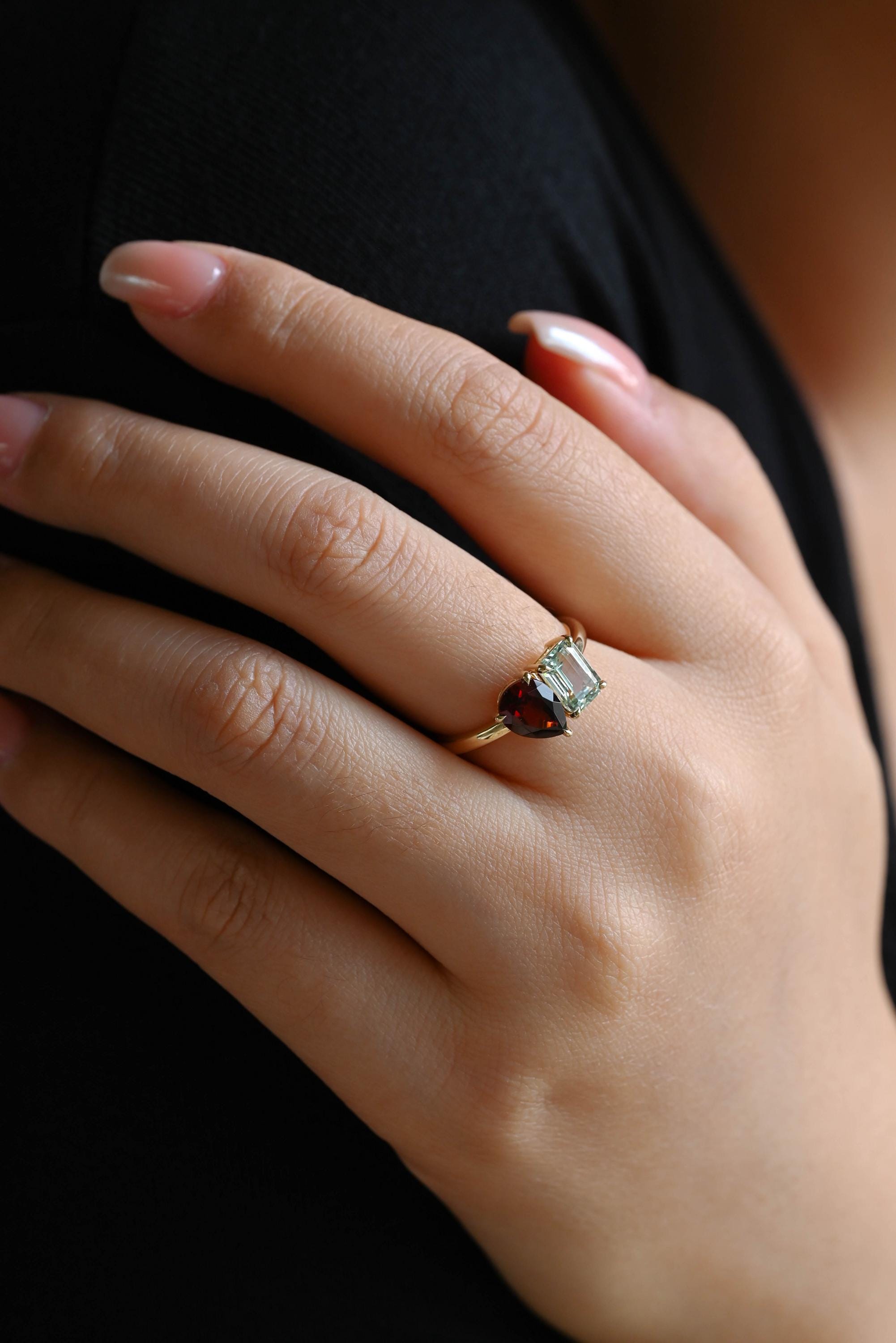 Toi et Moi Solid Gold Pear Garnet & Emerald Cut Aquamarine-Sapphire Engagement Ring