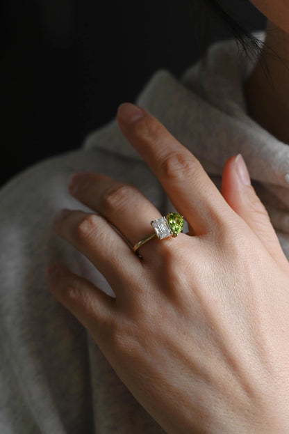 Solid Gold Toi et Moi Emerald Cut Moissanite & Pear Lab Grown Peridot Engagement Ring