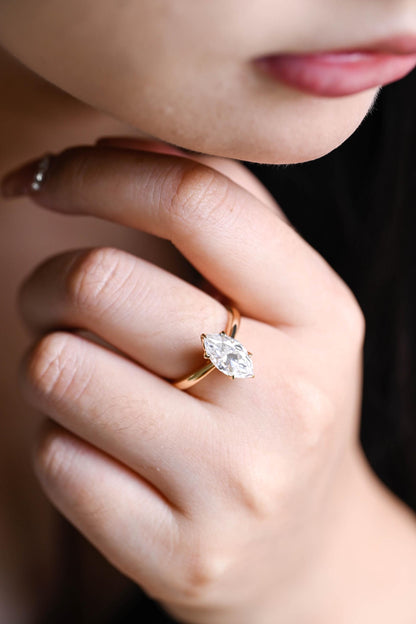 Tulip Set Solitaire Marquise Cut Moissanite Engagement Ring, Solid Gold Cathedral Setting Ring