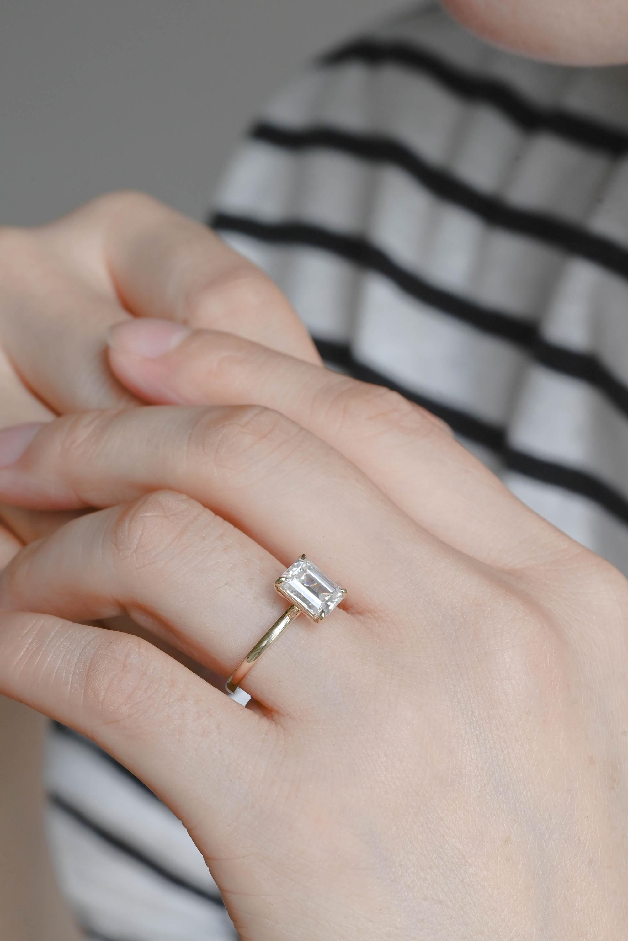Solid Gold Emerald Cut Moissanite Engagement Ring, Solitaire Emerald Cut Anniversary Ring for Women