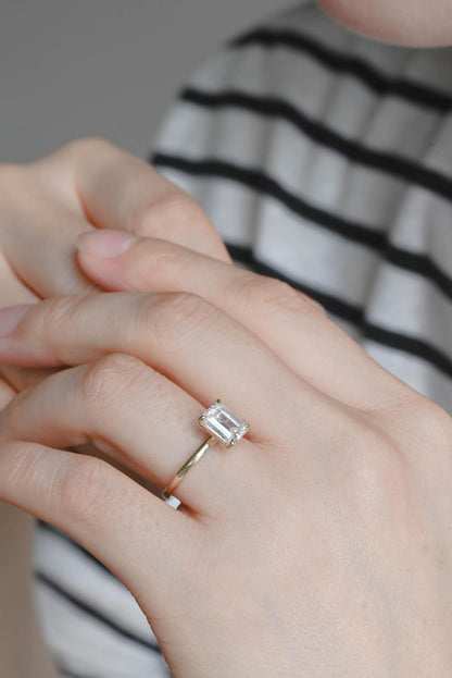 Solid Gold Emerald Cut Moissanite Engagement Ring, Solitaire Emerald Cut Anniversary Ring for Women