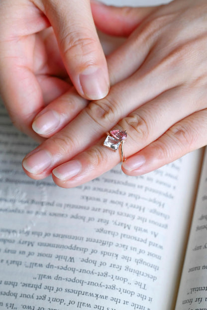 Solid Gold Toi et Moi Lab Grown Pink Sapphire & Emerald Cut Two Stone Moissanite Engagement Ring