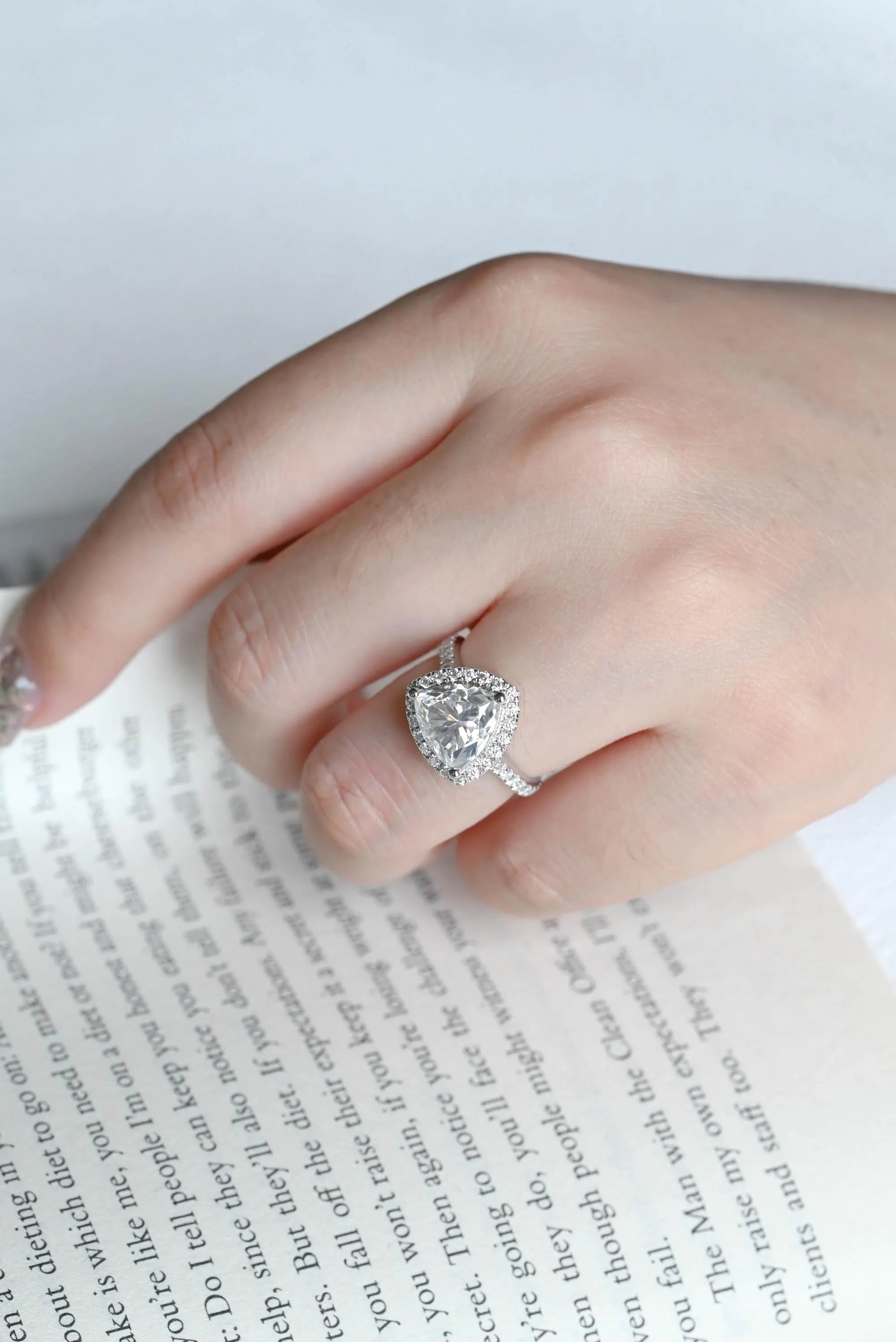 Trilliant Cut Moissanite Engagement Ring, Halo Pave Cathedral Trilliant Cut Wedding Ring