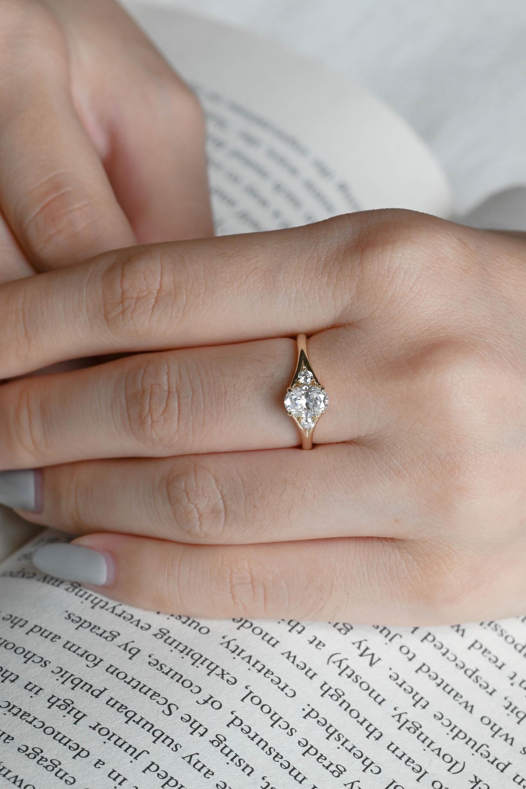 Solid Gold Three Stone Oval Moissanite Engagement Ring, Anniversary Gift Birthday Gift for Women