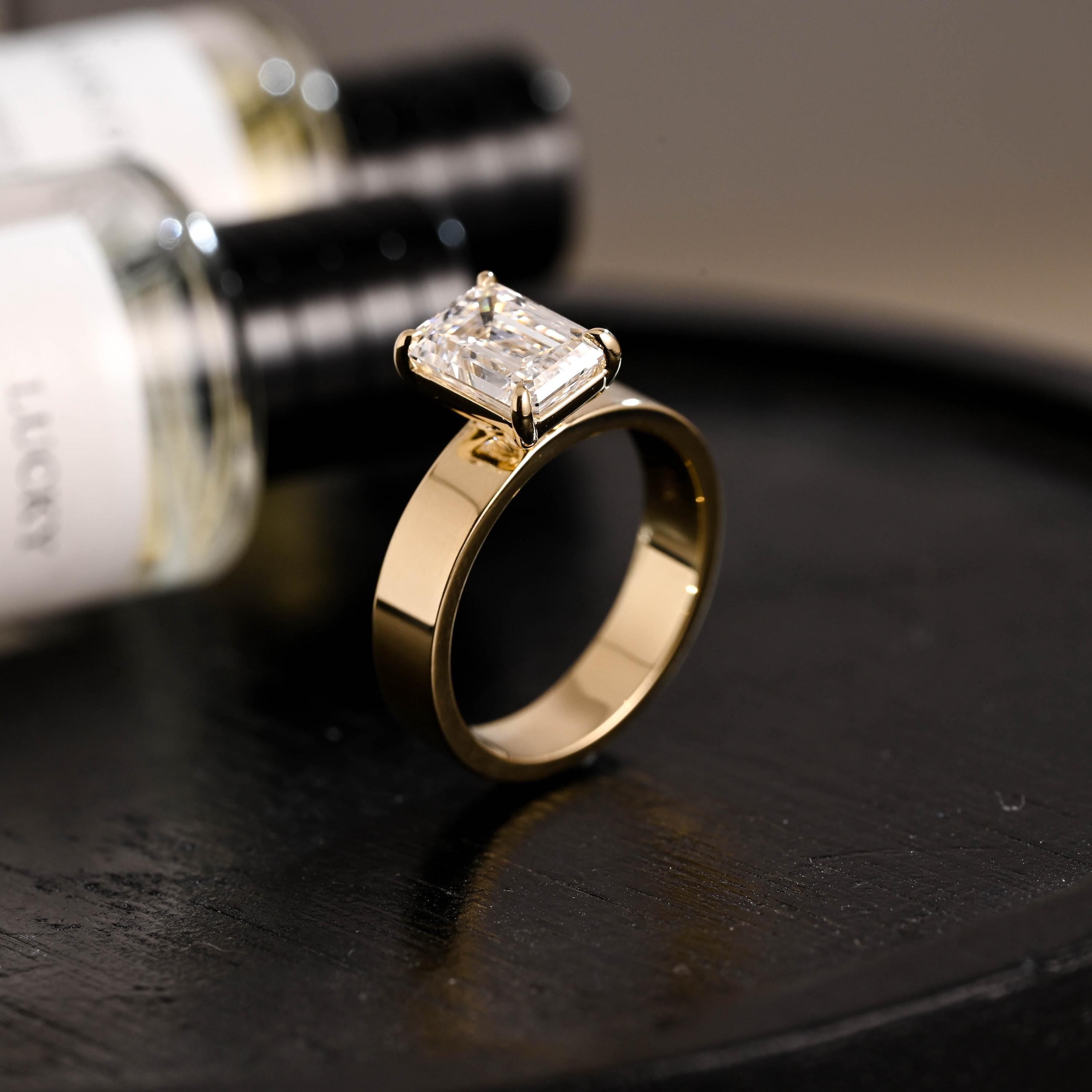 Solid Gold Emerald Cut Moissanite Engagement Ring, 4mm Wide Band Solitaire Ring, Gift for Her