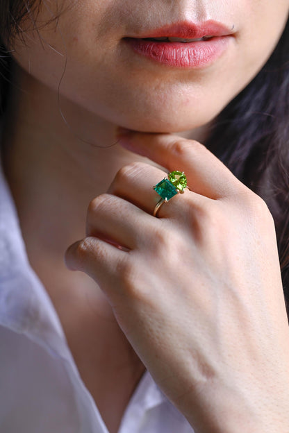 Solid Gold Toi et Moi Ring, Pear Cut Peridot & Lab Grown Emerald Engagement Ring