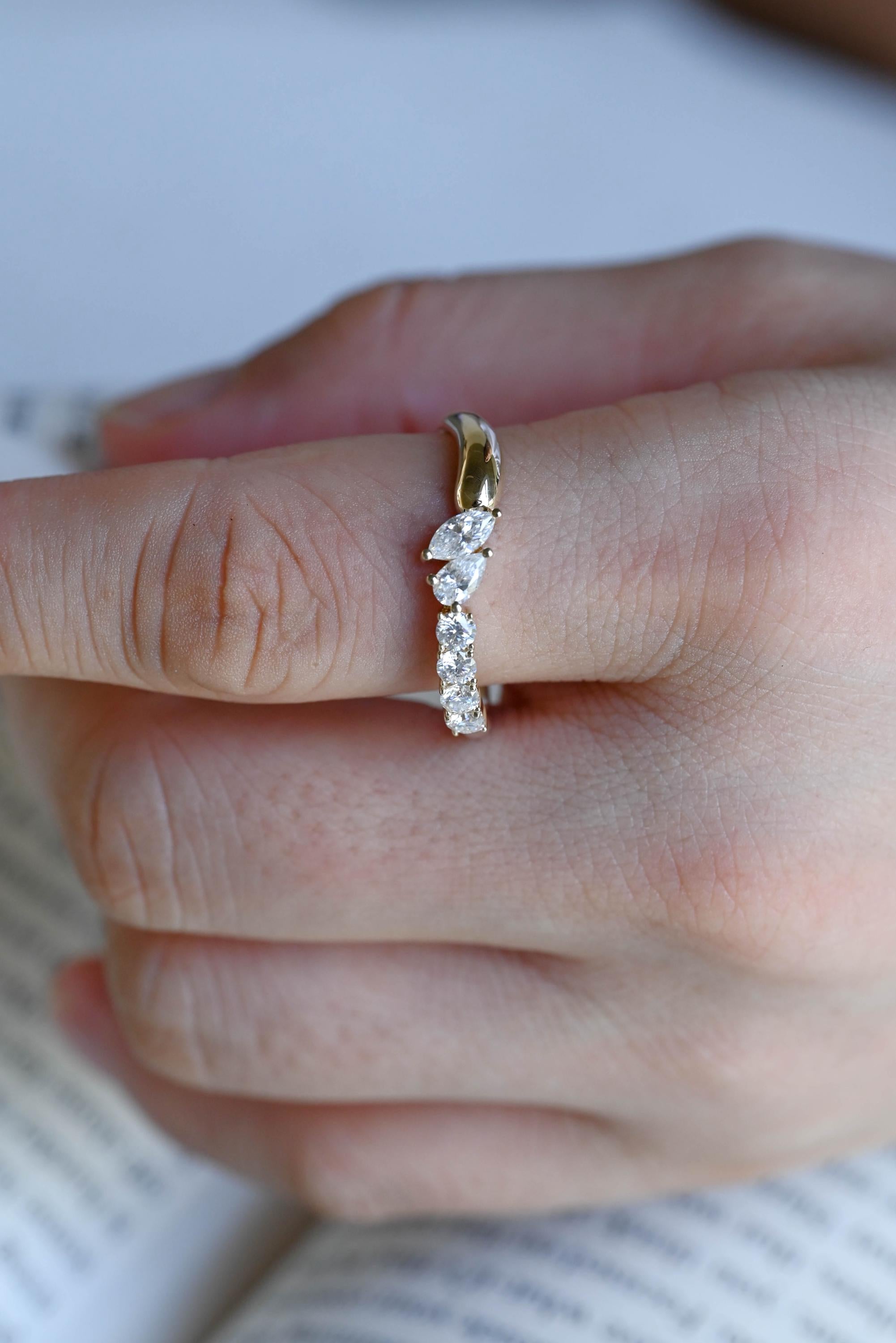 Solid Gold Marquise Pear Cut Moissanite Wedding Band, Matching Ring