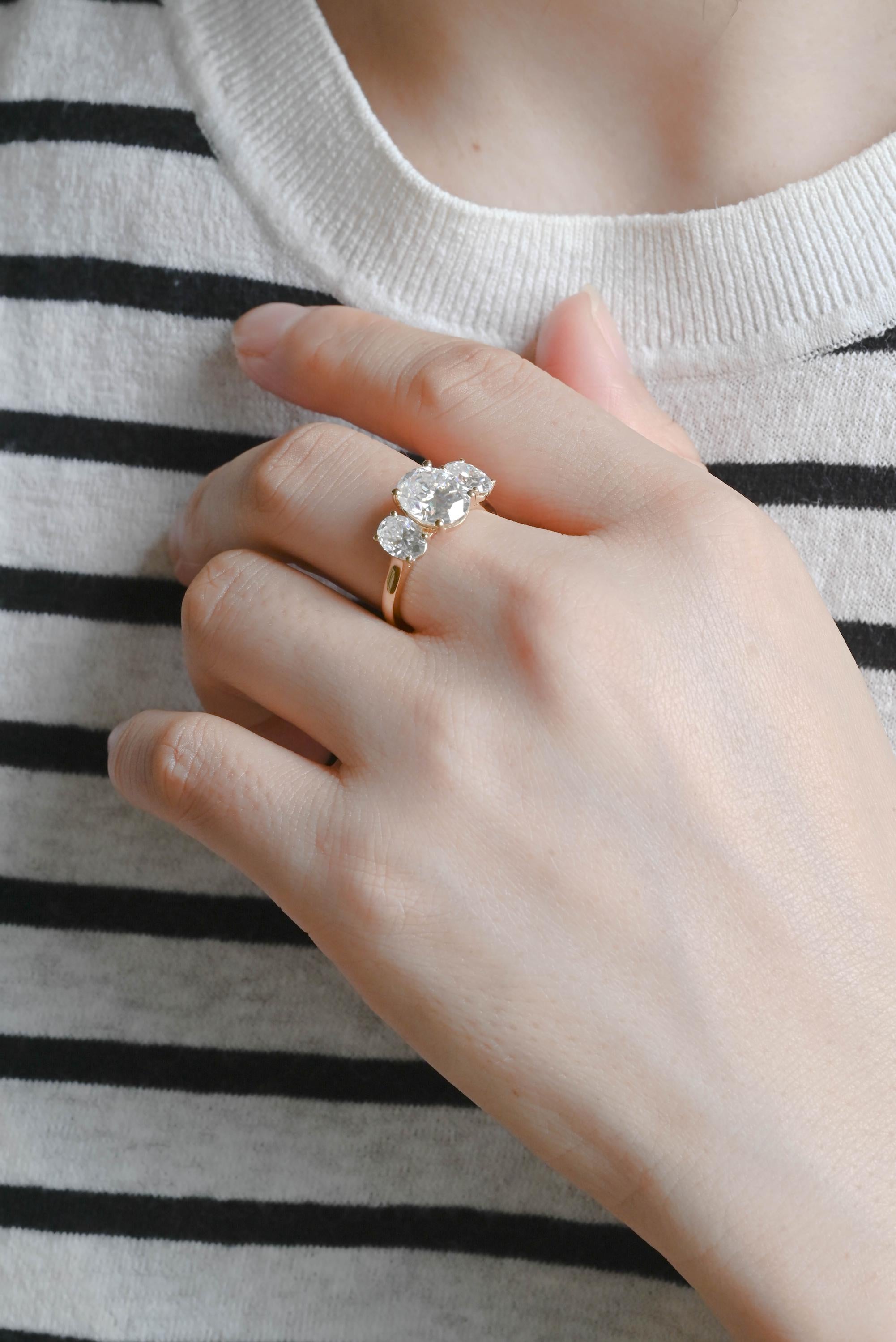 Solid Gold Three Stone Oval Moissanite Engagement Ring, Anniversary Gift Birthday Gift for Women