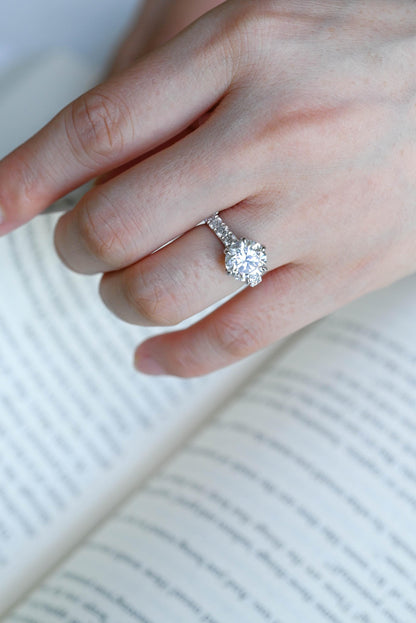 3.5mm Wide Solid Gold Round Cut Moissanite Engagement Ring, Side Stone Setting Wedding Ring