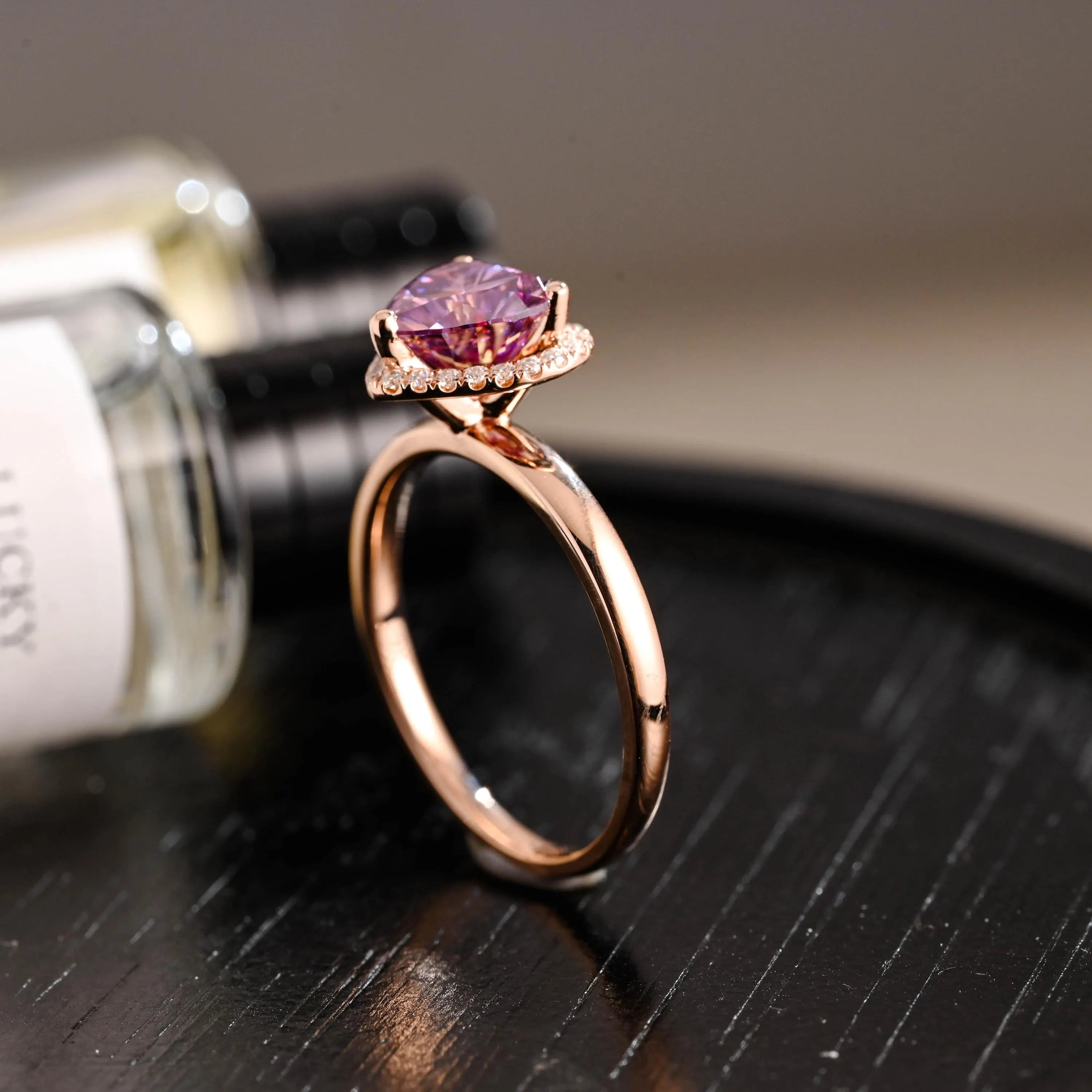 Heart Cut Pink Moissanite Engagement Ring, Unique Halo Heart Cut Wedding Ring