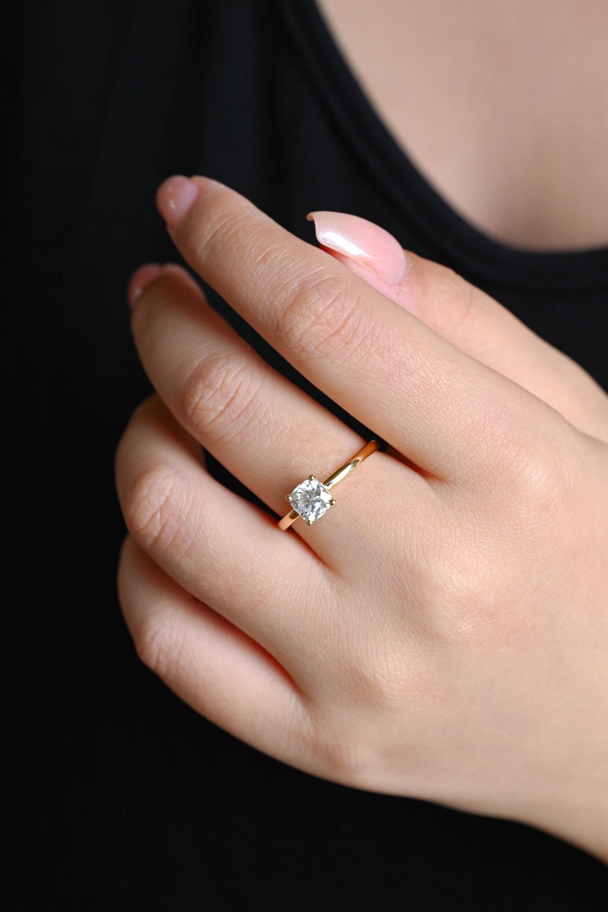 Solid Gold Cushion Cut Moissanite Engagement Ring, Solitaire Cushion Cut Moissanite Wedding Ring, Anniversary Ring, Low Setting Cushion Ring