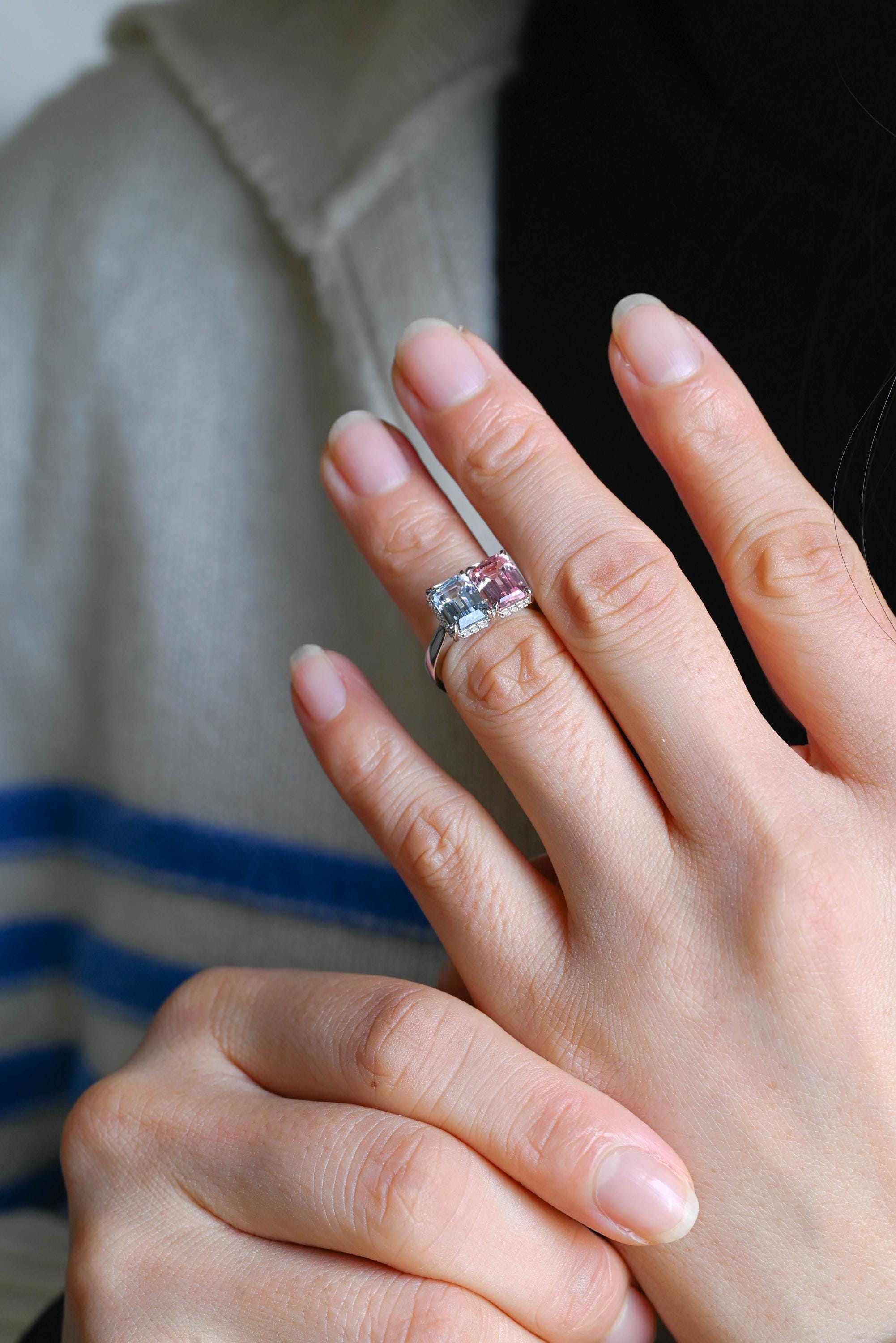 Solid Gold Toi et Moi Emerald Cut Pink Lab Grown Sapphire & Blue Lab Grown Sapphire Engagement Ring