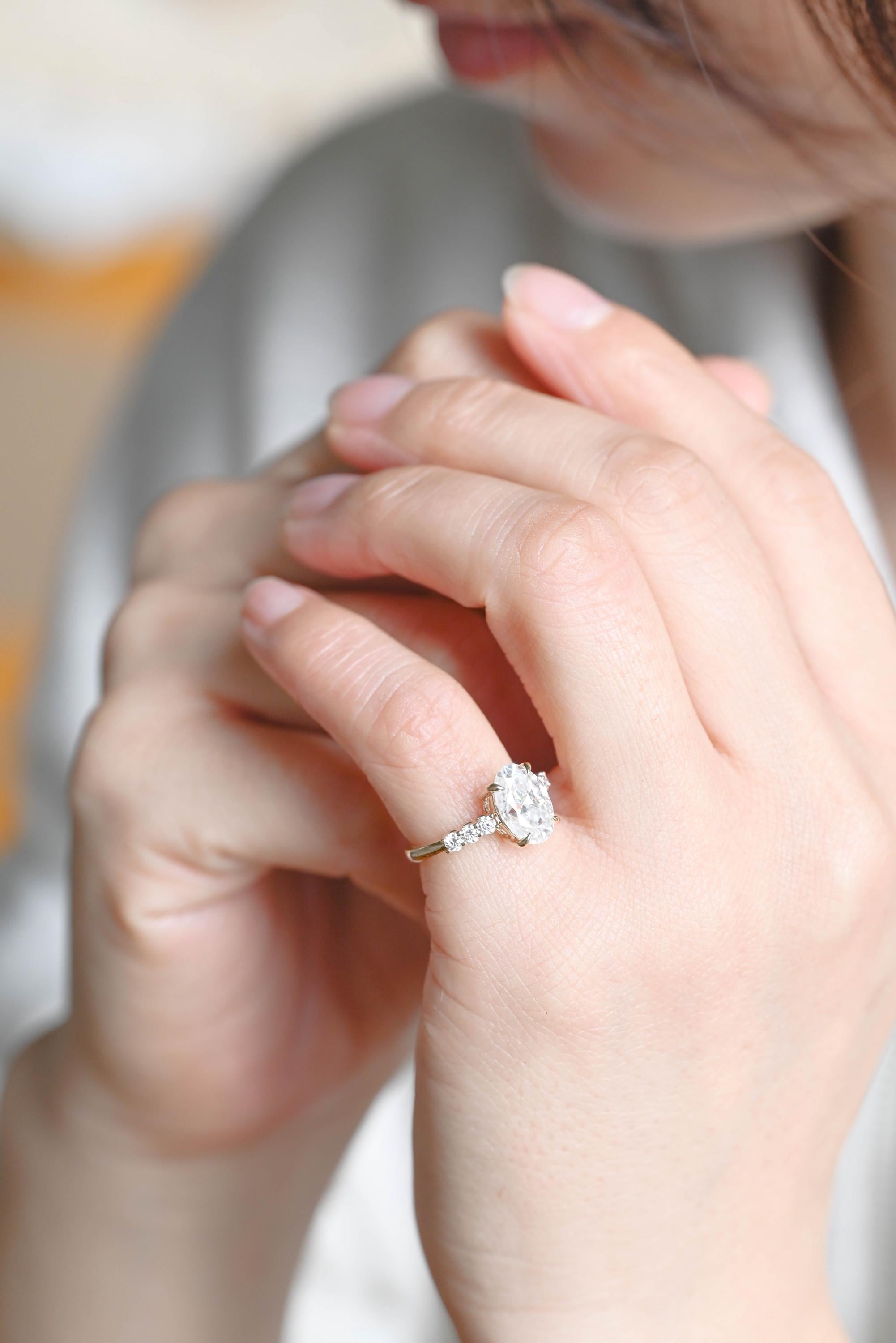 Solid Gold Oval Cut Moissanite Engagement Ring, Anniversary Gift Birthday Gift for Women Wife