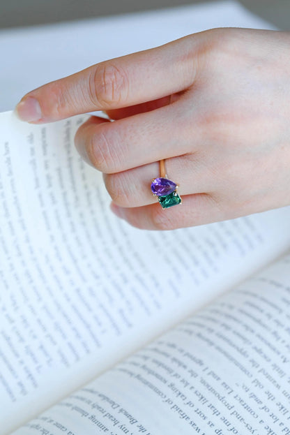 Solid Gold Toi et Moi Pear Amethyst & Lab Grown Emerald Engagement Ring