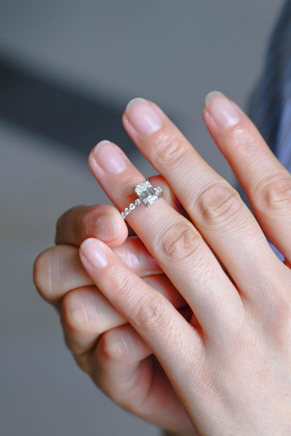 Solid Gold Half Eternity Emerald Cut Moissanite Engagement Ring, Proposal Ring, Round Promise Ring, Wedding Ring, Anniversary Gift for Women