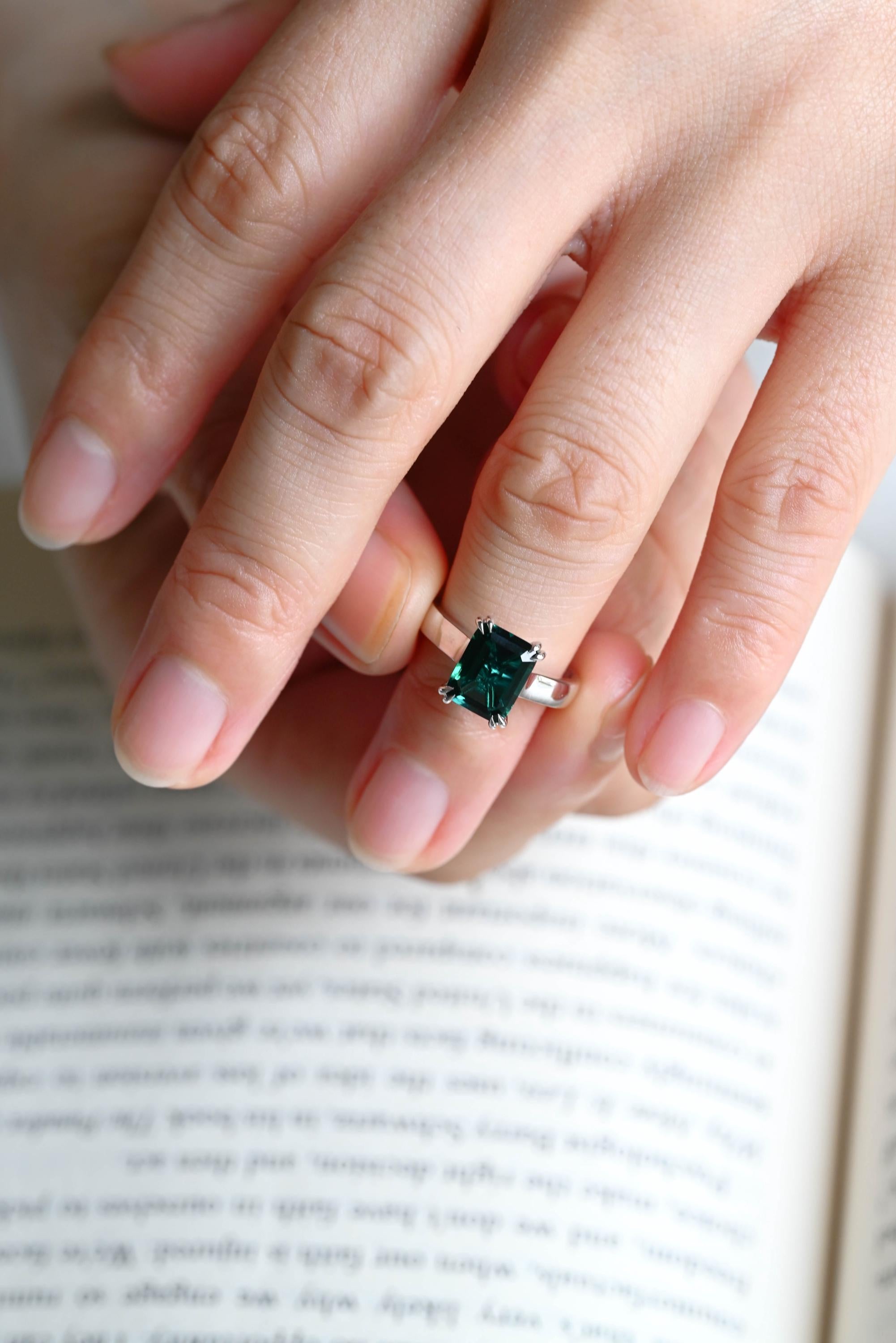 3mm Wide Solid Gold Lab Grown Emerald Engagement Ring, Proposal Ring, Promise Ring, Wedding Ring, Anniversary Gift Birthday Gift for Women