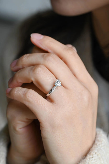 Solid Gold Heart Cut Moissanite Engagement Ring, Pave BandWedding Ring