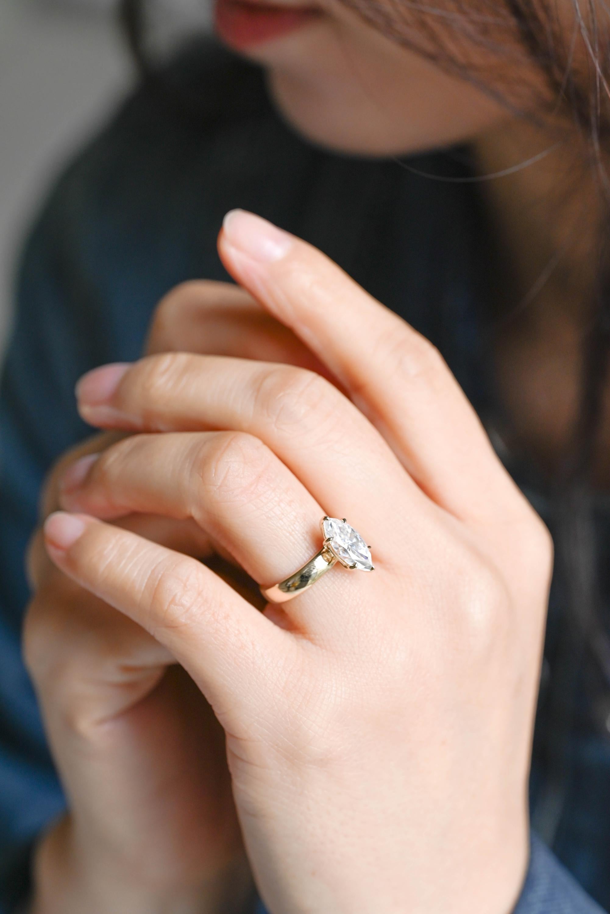 Solid Gold Marquise Moissanite Engagement Ring, 4mm Width Anniversary Ring