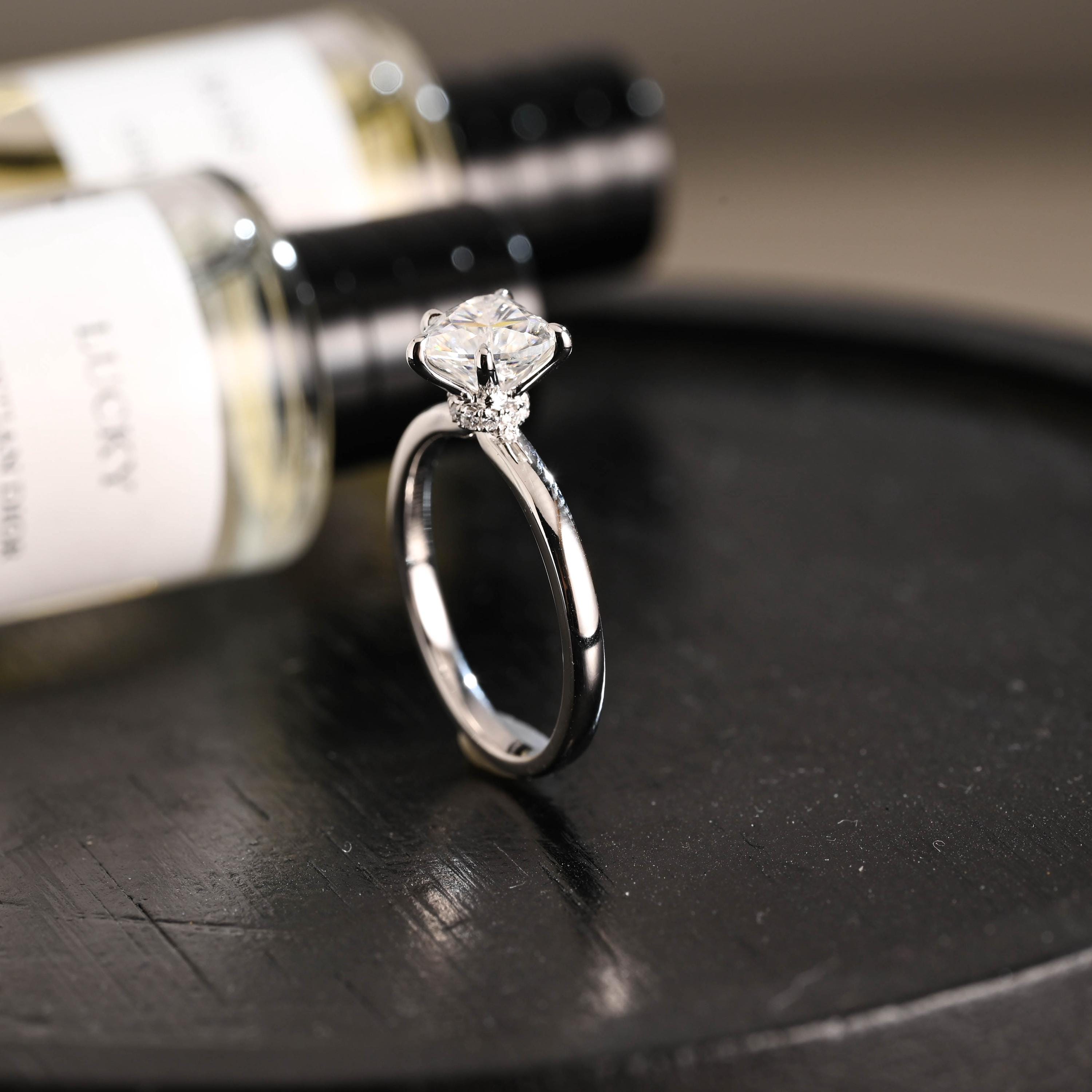 Solid Gold Heart Cut Moissanite Engagement Ring, Hidden Halo Proposal Ring, Promise Ring, Wedding Ring
