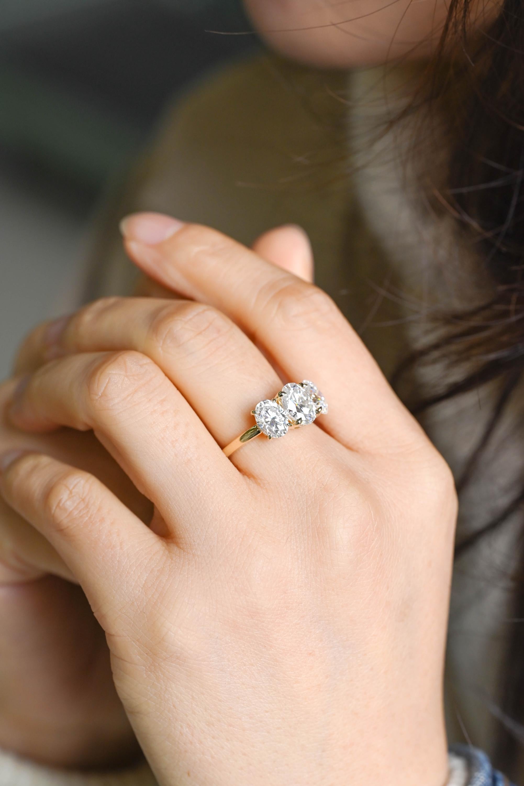 Solid Gold Hidden Halo Three Stone Oval Cut Moissanite Engagement Ring