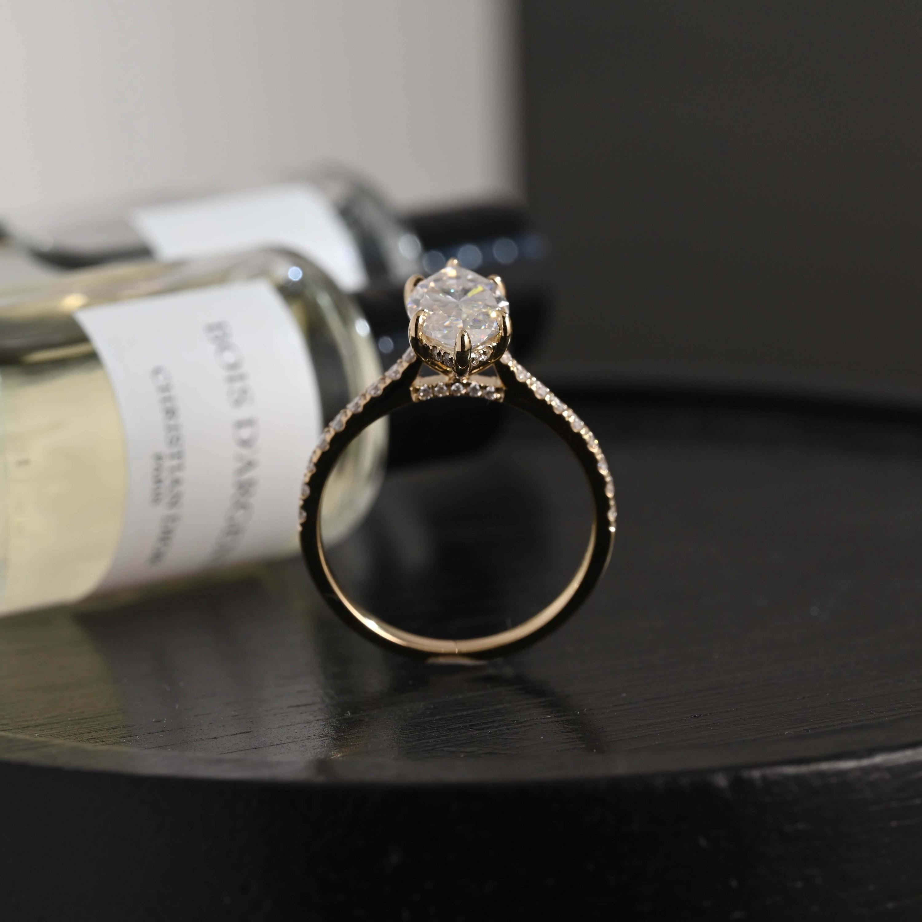 Solid Gold Marquise Cut Moissanite Engagement Ring, Pave Hidden Halo Wedding Ring