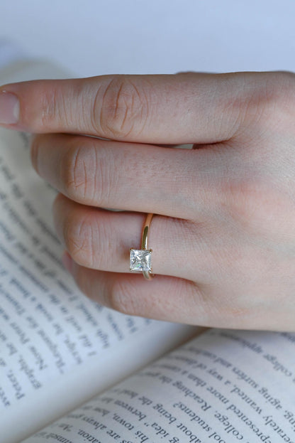 Solid Gold Princess Cut Moissanite Engagement Ring, Classic Low Setting Anniversary Ring for Women