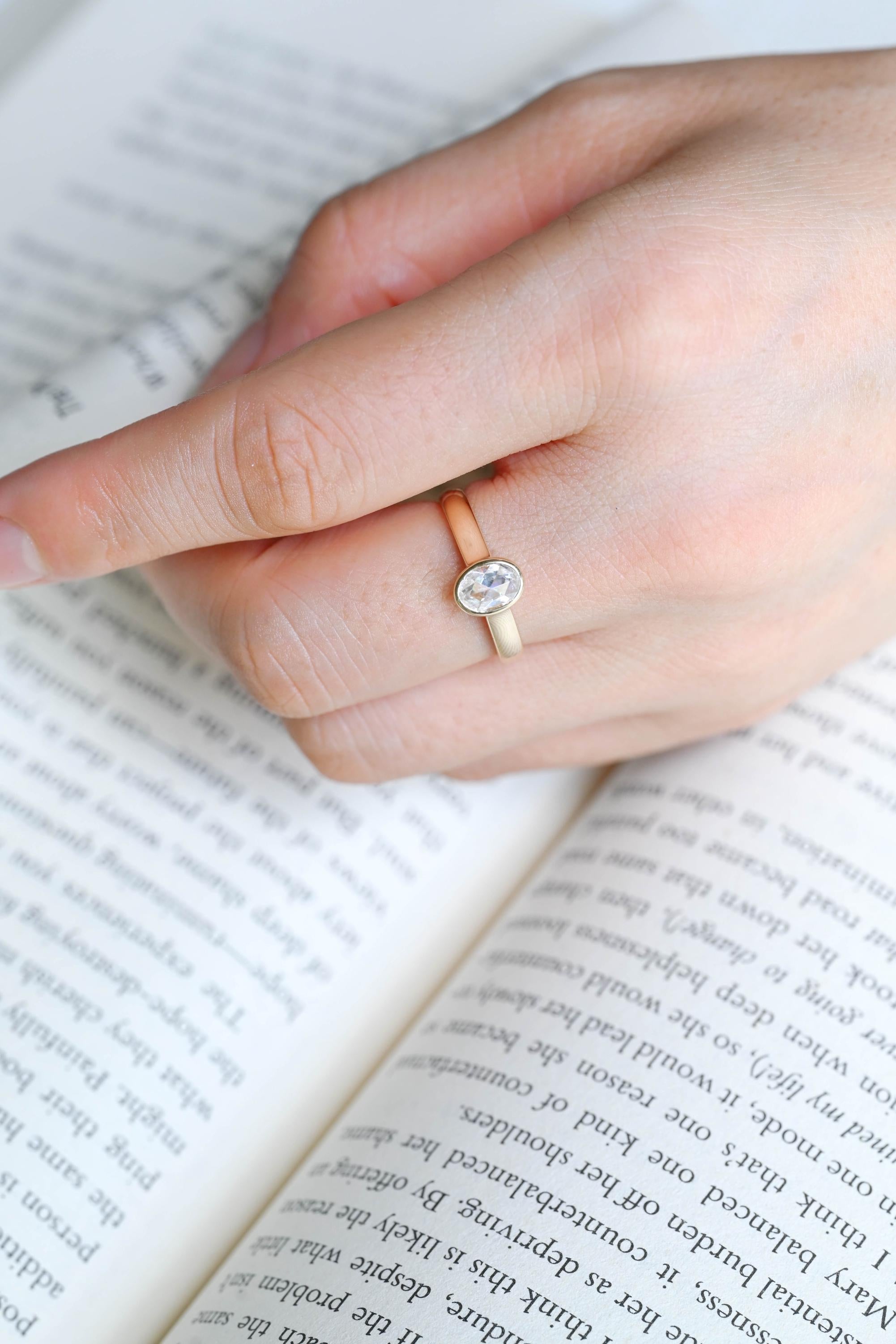 Solid Gold 3mm Rose Cut Oval Moissanite Engagement Ring, Anniversary Gift for Women