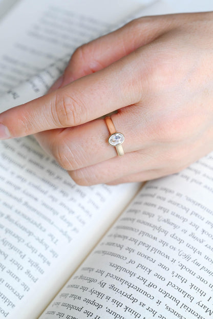 Solid Gold 3mm Rose Cut Oval Moissanite Engagement Ring, Anniversary Gift for Women