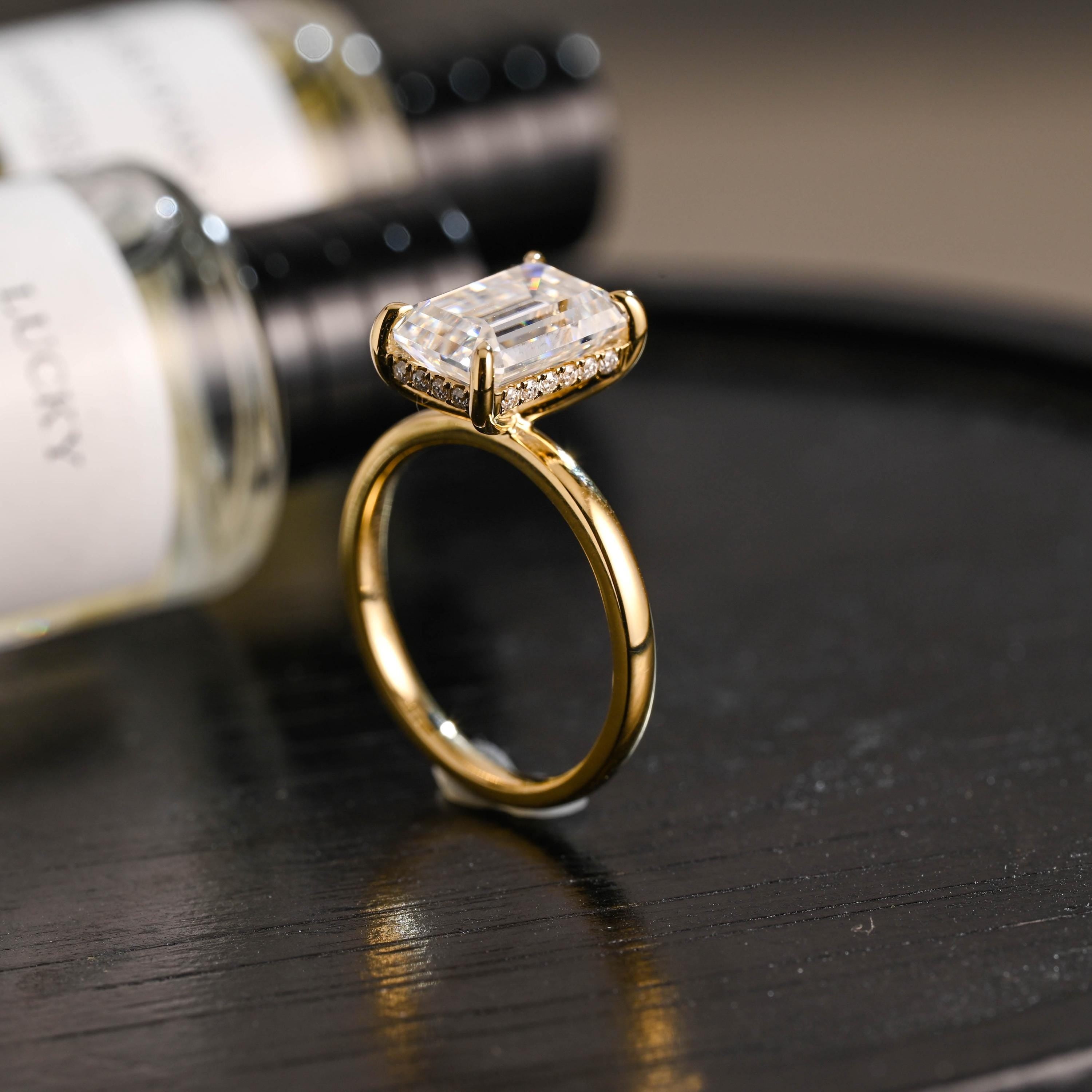 Solid Gold Hidden Halo Emerald Cut Moissanite Engagement Ring, Proposal Ring, Promise Ring, Wedding Ring, Anniversary Gift for Women Wife