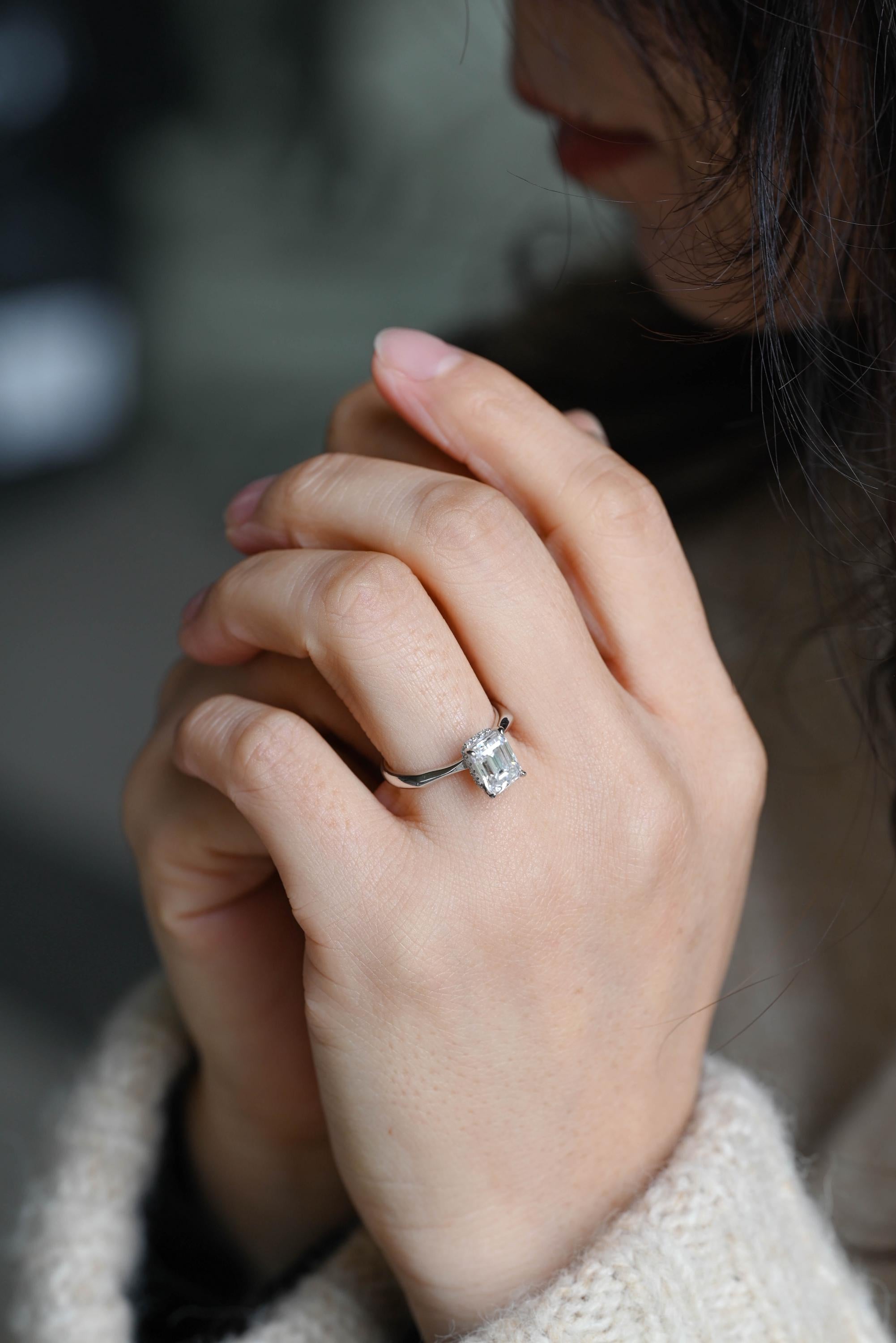Solid Gold Hidden Halo Emerald Cut Moissanite Engagement Ring, Proposal Ring, Promise Ring, Wedding Ring, Anniversary Gift for Women Wife