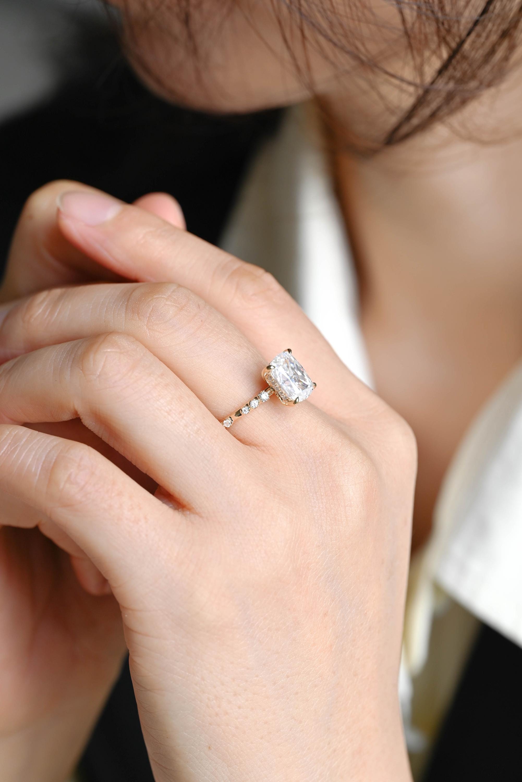 Solid Gold Elongated Cushion Cut Moissanite Engagement Ring, Proposal Ring, Round Cut Promise Ring, Anniversary Gift Birthday Gift for Women