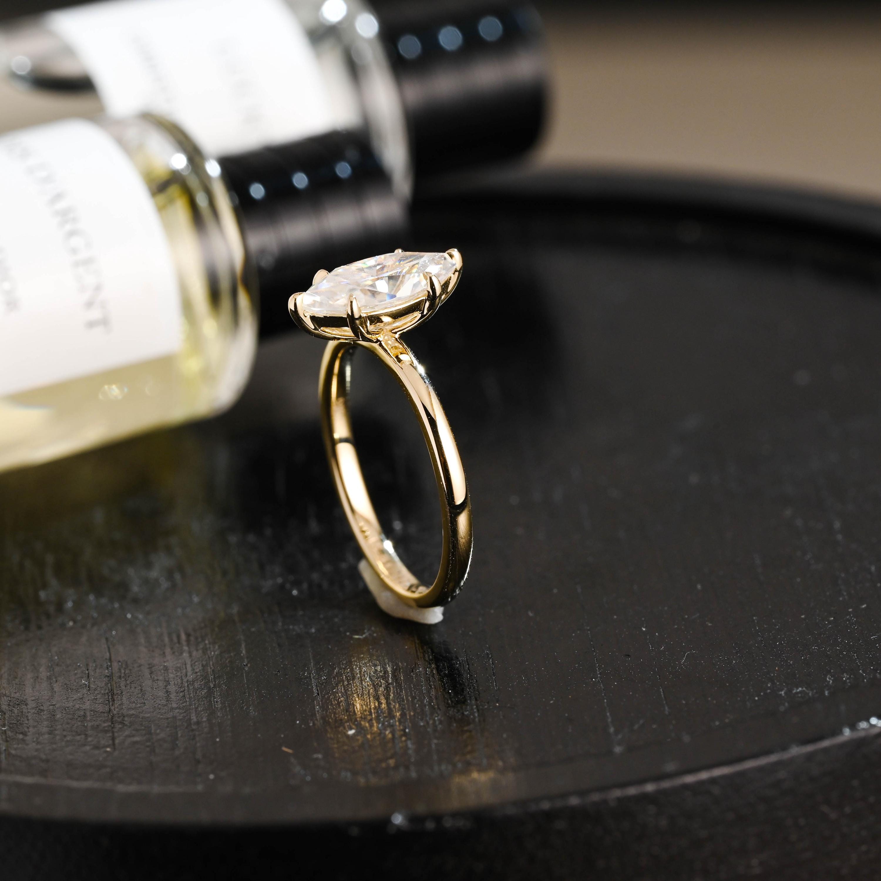 Solid Gold Marquise Cut Moissanite Engagement Ring, Anniversary Ring