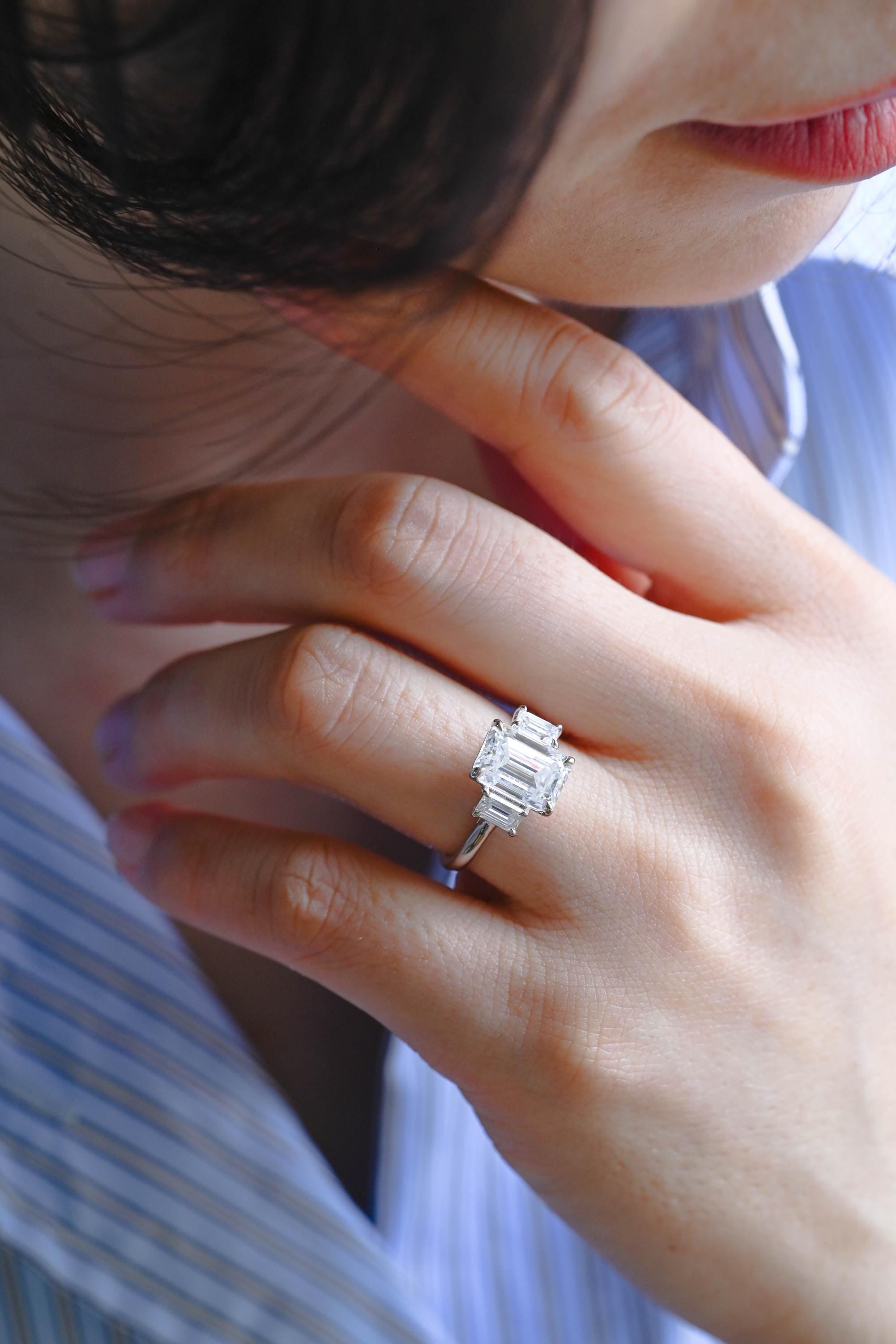 Three Stone Emerald Cut Moissanite Engagement Ring, Solid Gold Promise Ring, Gold Proposal Ring, Anniversary Gift Birthday Gift for Women