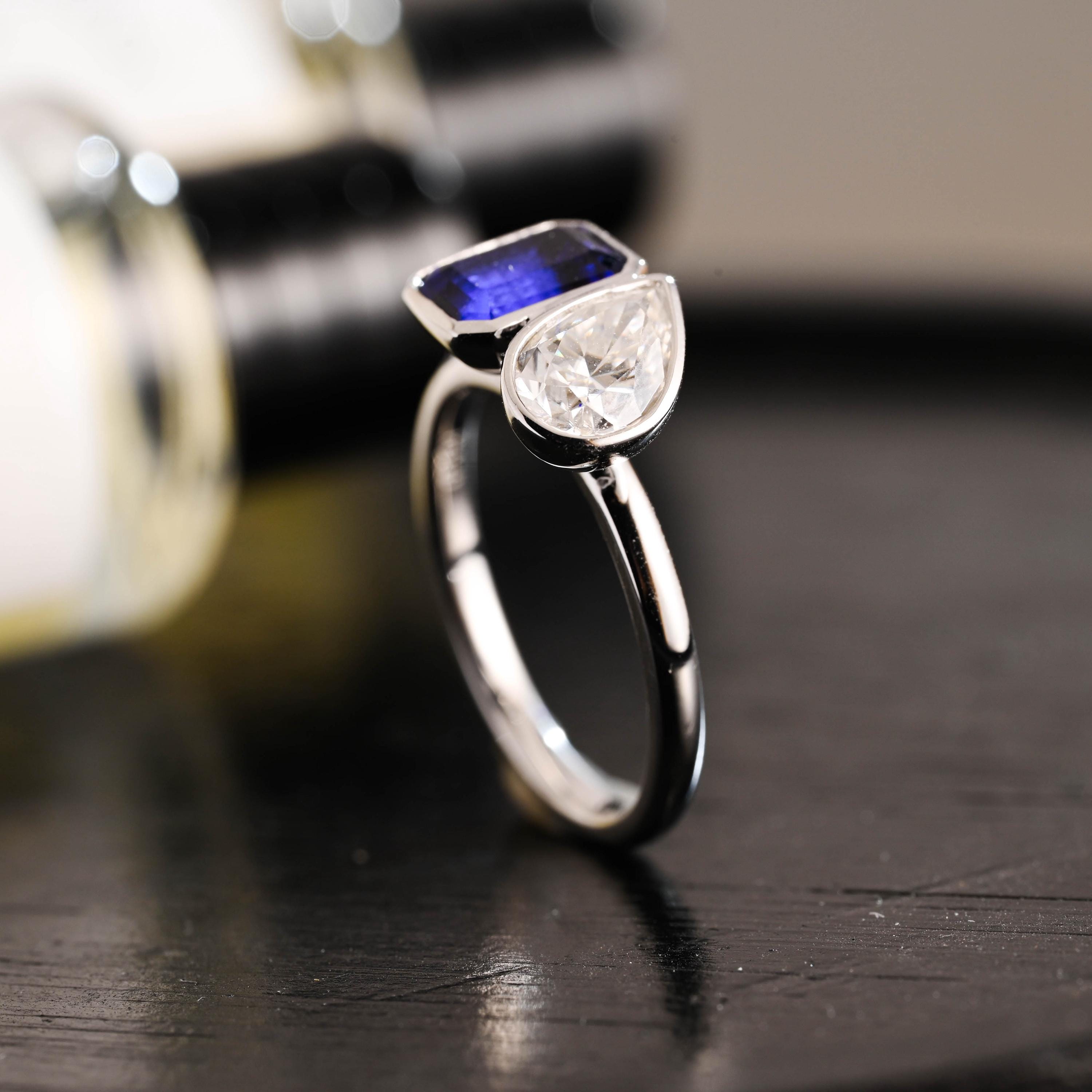 Bezel Solid Gold Emerald Cut Lab Grown Sapphire & Pear Cut Moissanite Toi et Moi Engagement Ring