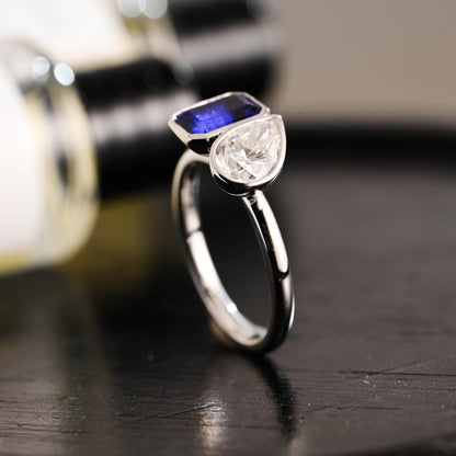 Bezel Solid Gold Emerald Cut Lab Grown Sapphire & Pear Cut Moissanite Toi et Moi Engagement Ring