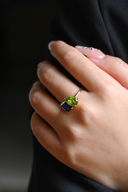 Solid Gold Toi et Moi Emerald Cut Lab Grown Sapphire & Pear Peridot Engagement Ring
