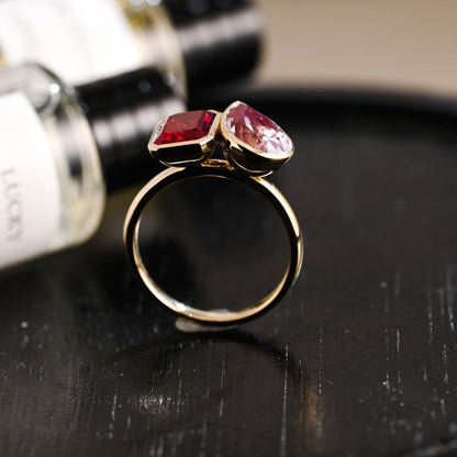 Solid Gold Emerald Cut Lab Grown Ruby & Pear Lab Grown Alexandrite Toi et Moi Engagement Ring