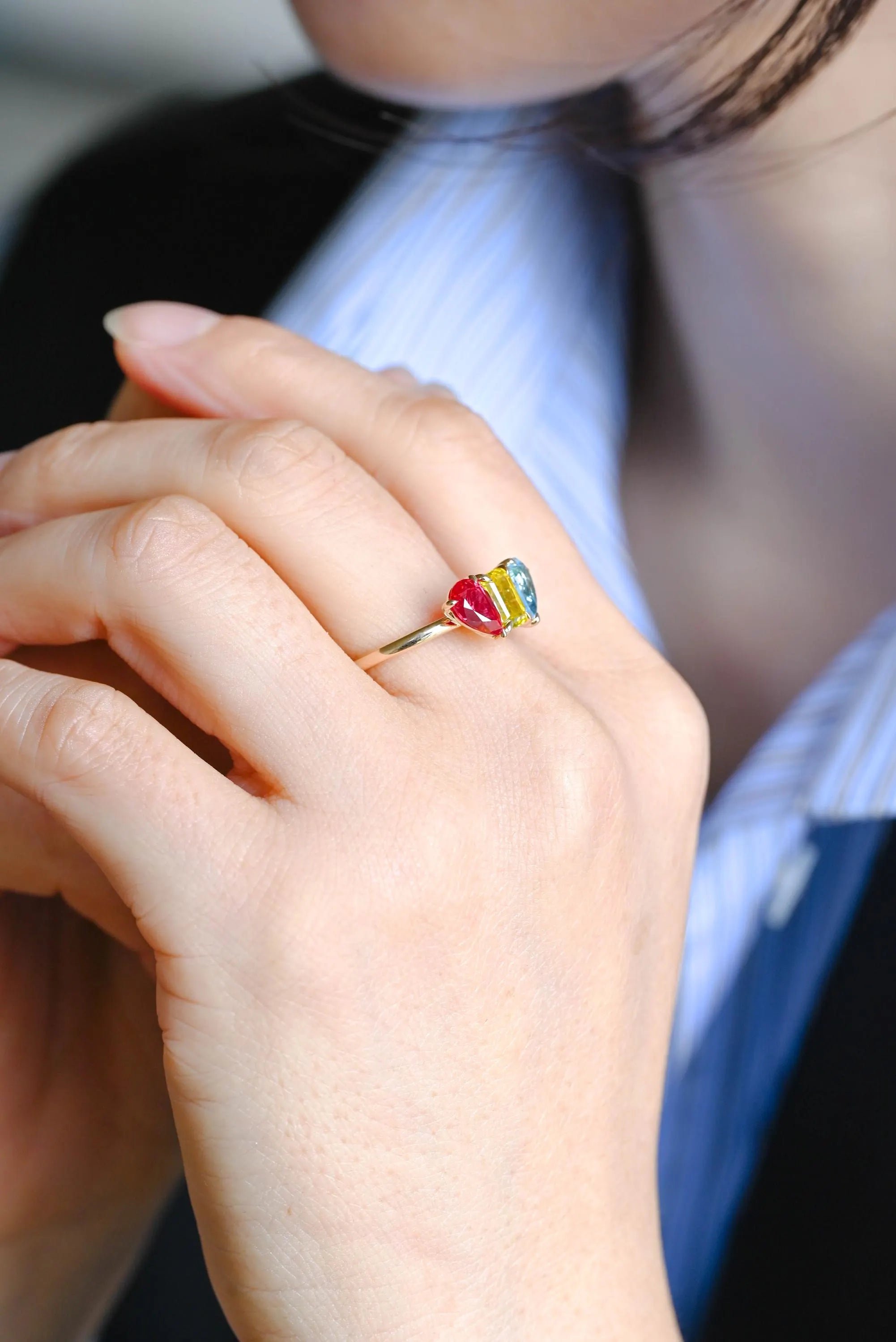 Solid Gold Pear Ruby & Emerald Cut Yellow Lab Grown Sapphire and Pear Blue Topaz Engagement Ring