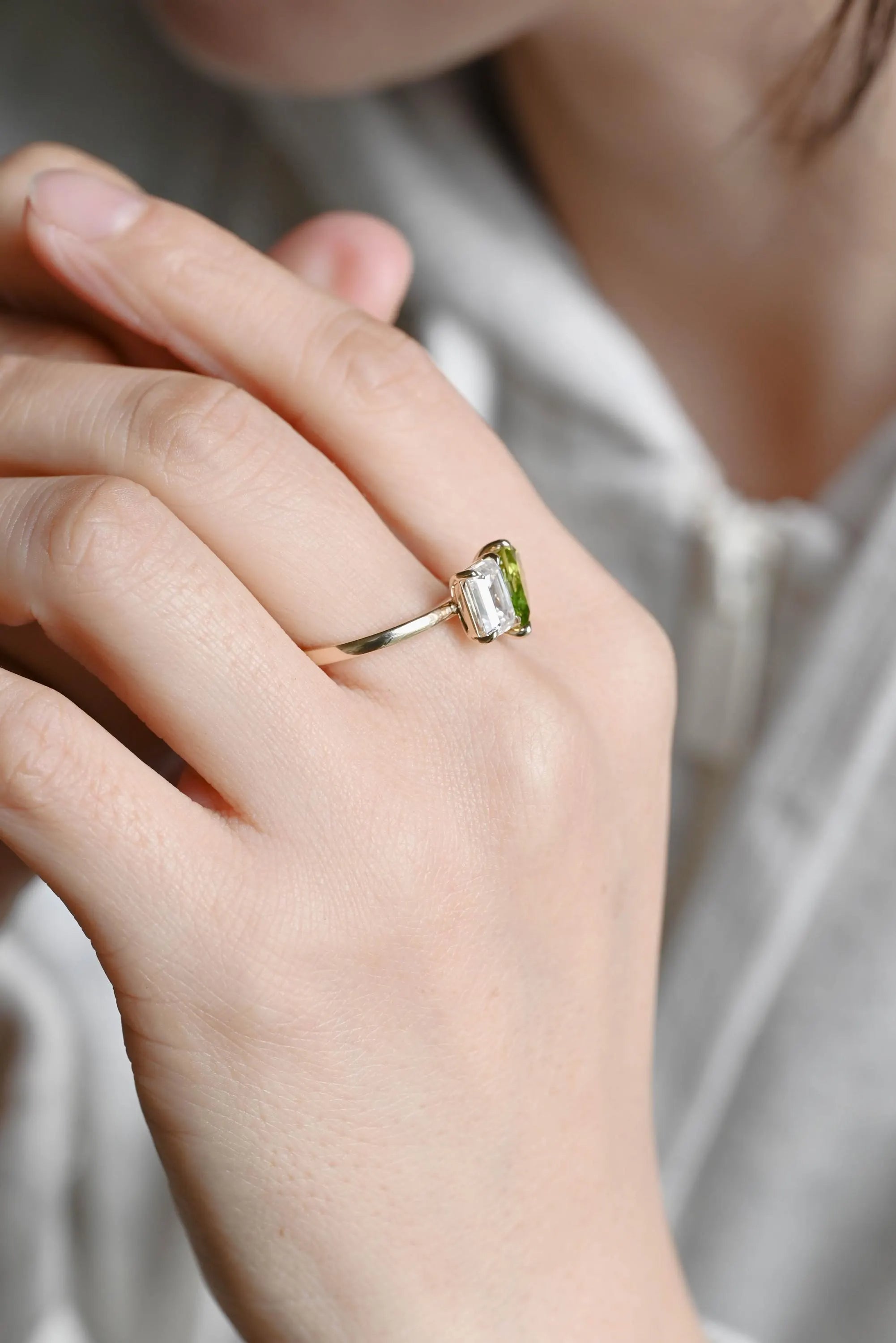 Solid Gold Toi et Moi Emerald Cut Moissanite & Pear Lab Grown Peridot Engagement Ring