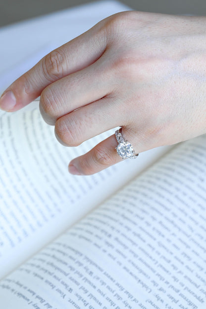 Solid Gold Round Moissanite Engagement Ring Set, Wedding Ring Set, Half Eternity Ring Bridal Set