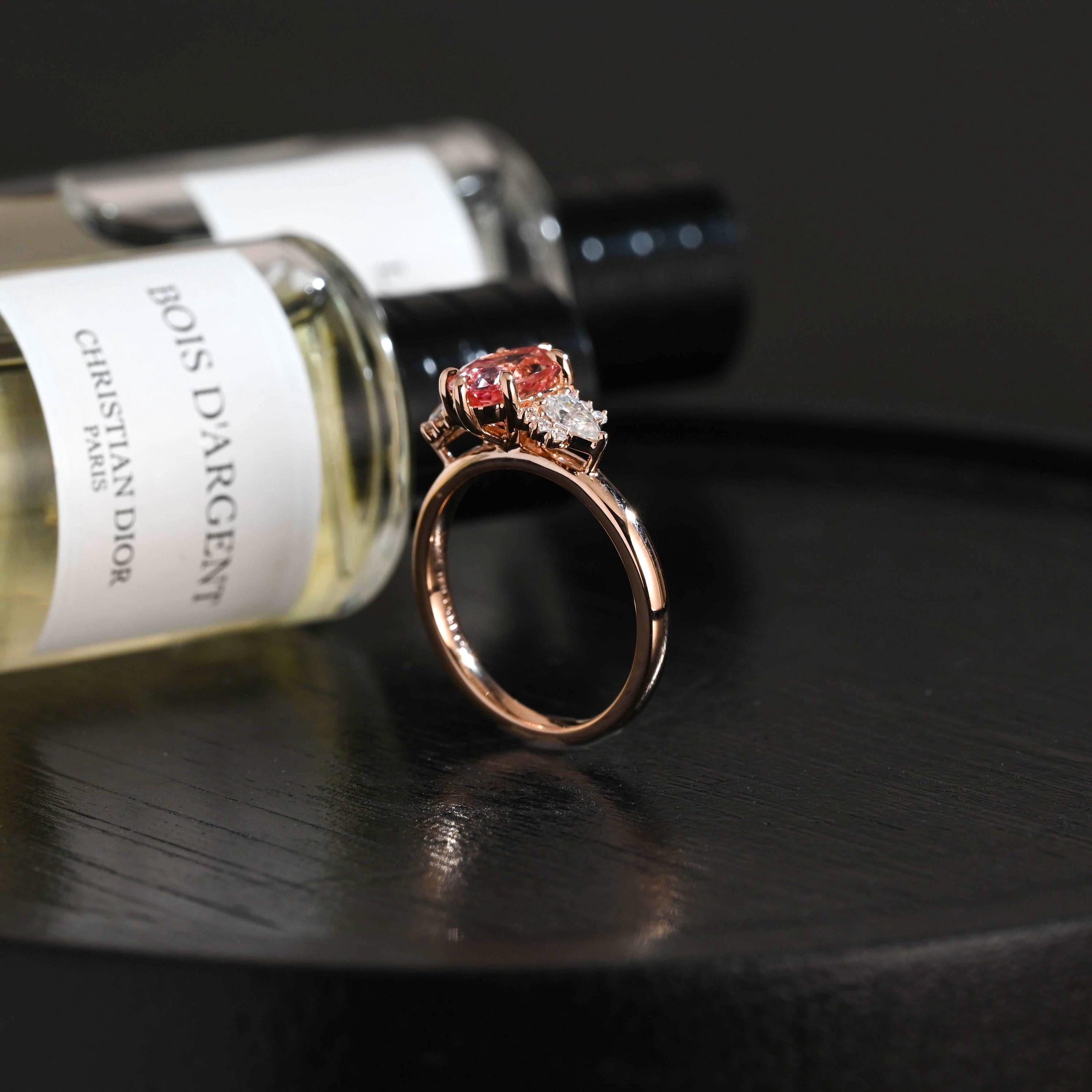 Solid Gold Oval Lab Grown Pink Sapphire Engagement Ring, Three Stone Proposal Ring