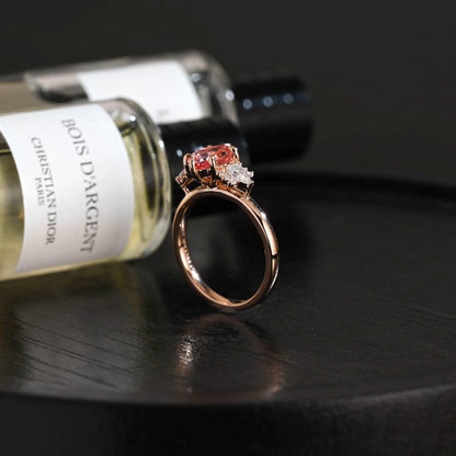 Solid Gold Oval Lab Grown Pink Sapphire Engagement Ring, Three Stone Proposal Ring