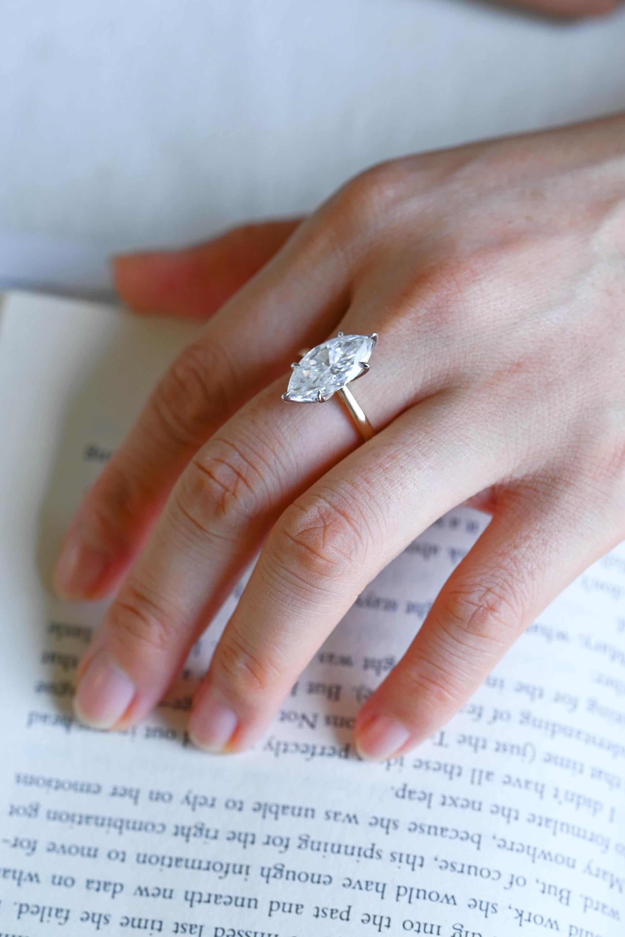 Two Tone Tulip Setting Marquise Moissanite Ring, Solid Gold Engagement Ring