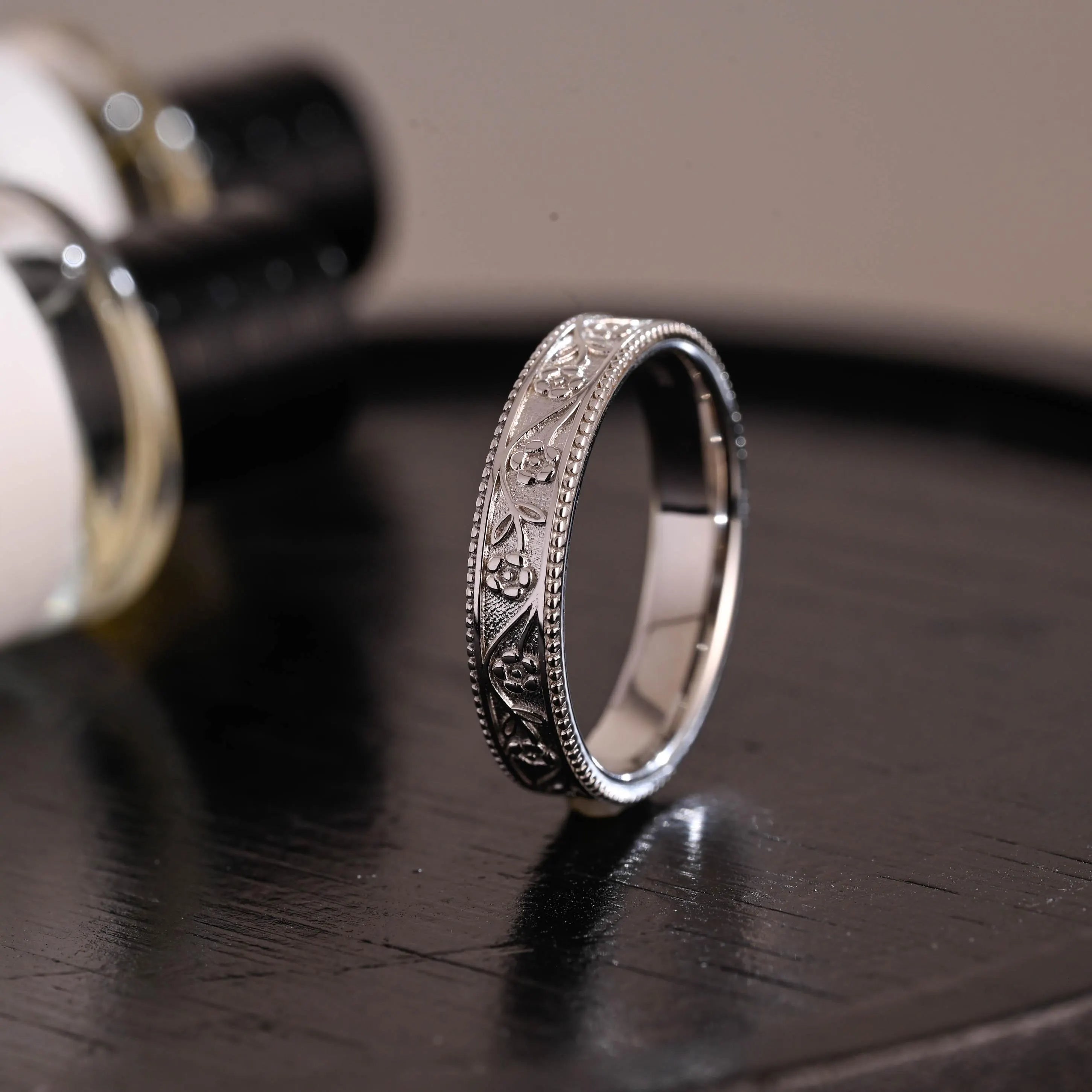 Solid Gold Floral Wedding Band, Ornate Wedding Ring, Milgrain Matching Band, Anniversary Gift Birthday Gift Valentine's Day Gift for Women