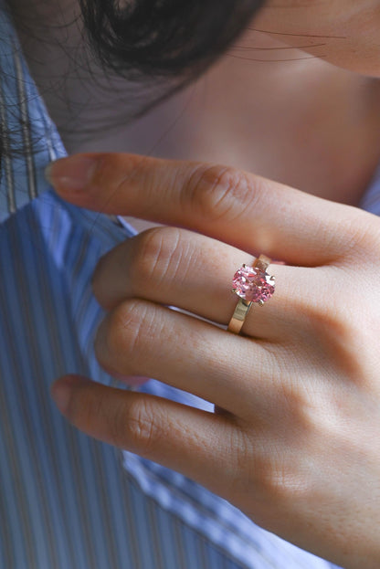 Solid Gold Oval Cut Solitaire Lab Grown Pink Sapphire Engagement Ring, 3mm Wide Proposal Ring