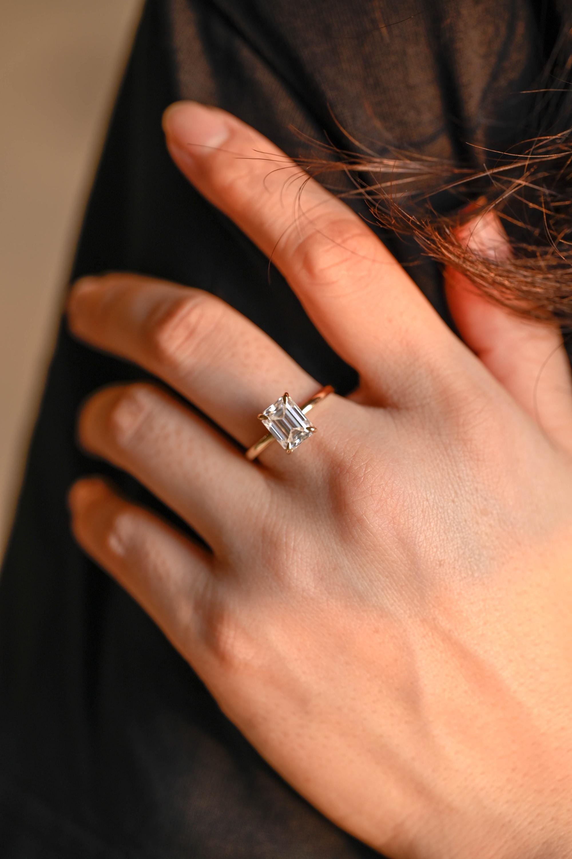 Solid Gold Solitaire Emerald Cut Moissanite Engagement Ring, Moissanite Promise Ring