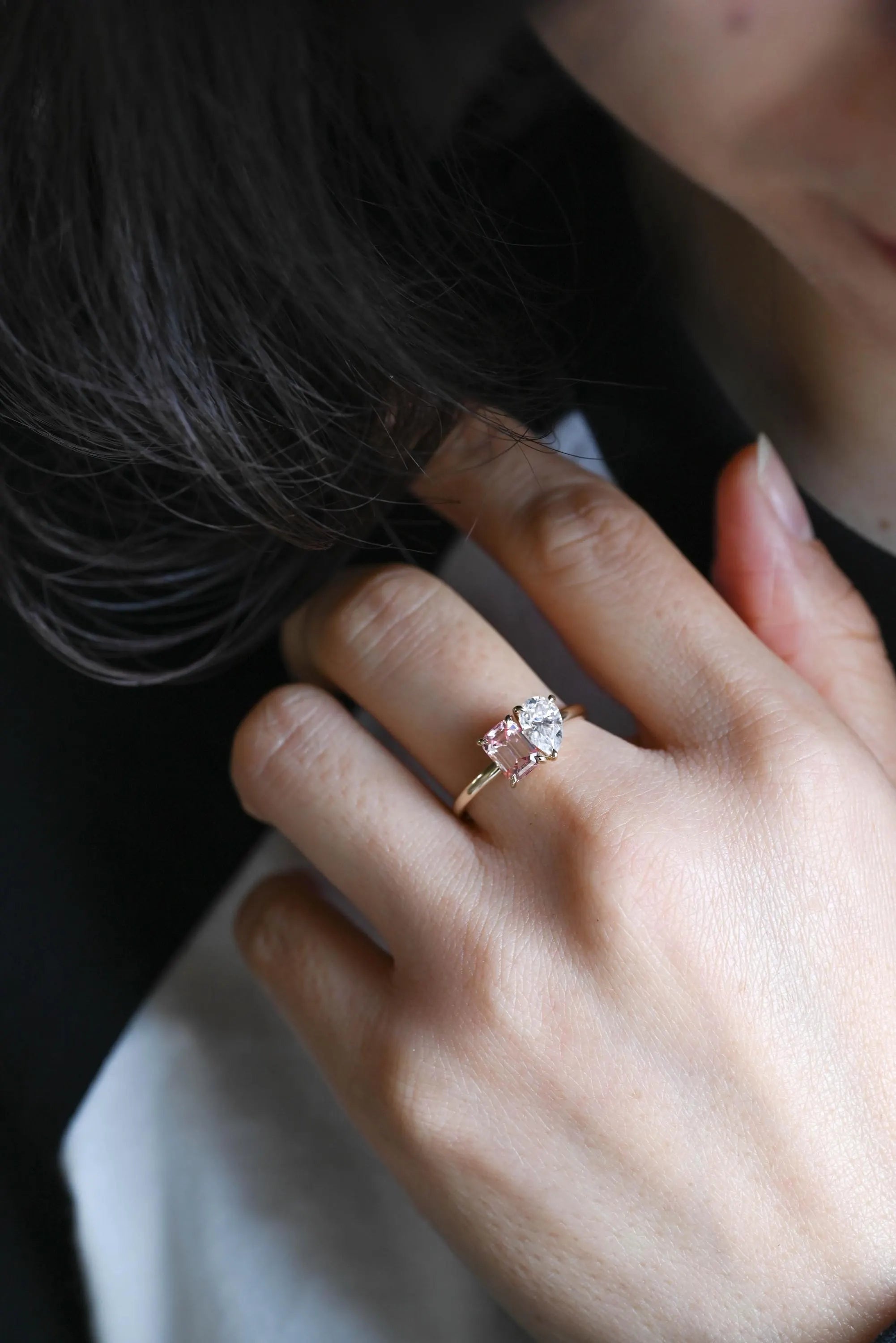 Solid Gold Toi et Moi Emerald Cut Pink Sapphire & Pear Cut Moissanite Engagement Ring